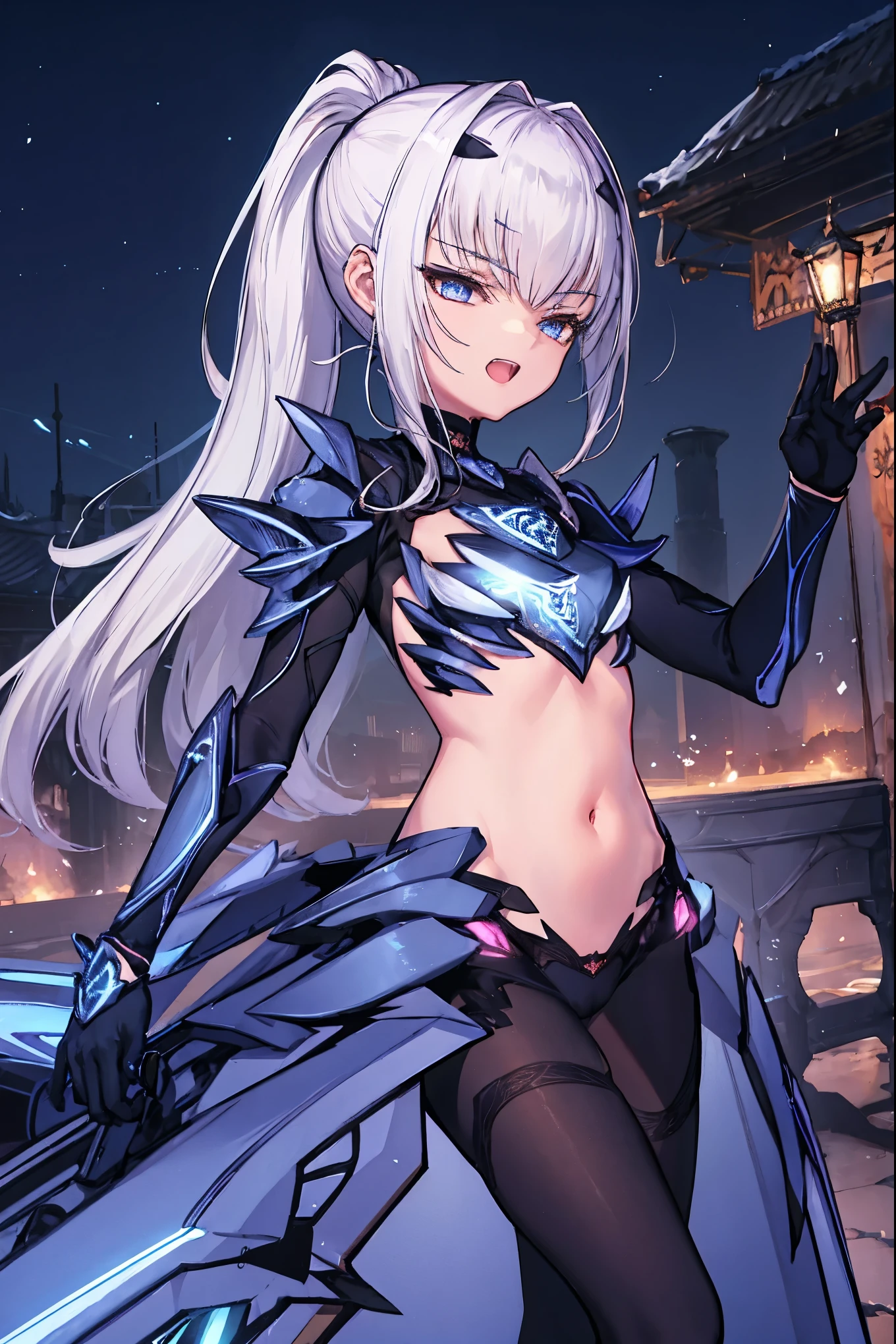 best quality, integrated scenery, integrated background, extremely delicate and beautiful, meticulous details, good composition , cute face, perfect ,highest quality,High resolution, Super detailed,game CG,dutch angle,detailed and beautiful eyes,beautiful 1teen_girl,(enchanting smile), open_legs, raise_legs, armor, Armored dress, Black dress, Black gloves, Blue Armor, Blue dress, breastplate, dress, gloves, raise_hand,mask, pauldron, Short dress, shoulder armor,ponytail,nihil_smile,knees,small_breasts,navel, groin,night_old_town_background, crotch,midriff,solo,light_open_mouth,cleft_of_venus,