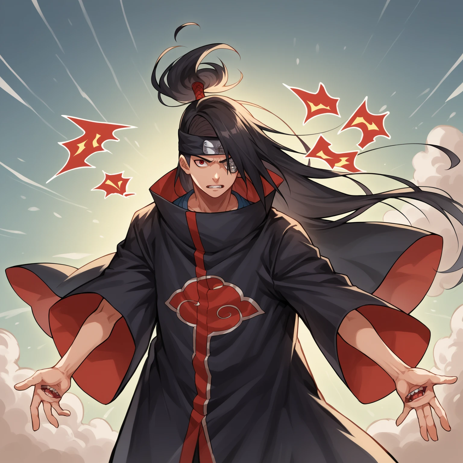 score_9, score_8_above, score_7_above, source_anime, 1 boy, Alone, deidara,  extra mouth ,  mouth and hand  ,  hair over one eye ,   long hair, ponytail, black hair color,  red eyes , sharingan,  black headband , bandana,  uniforme akatsuki, Black cloak, red cloud print, standing,  outdoor, anger., At his high level of power, manga, demon mark, dark air, supreme grandeur, destroyed scene, Assault mode