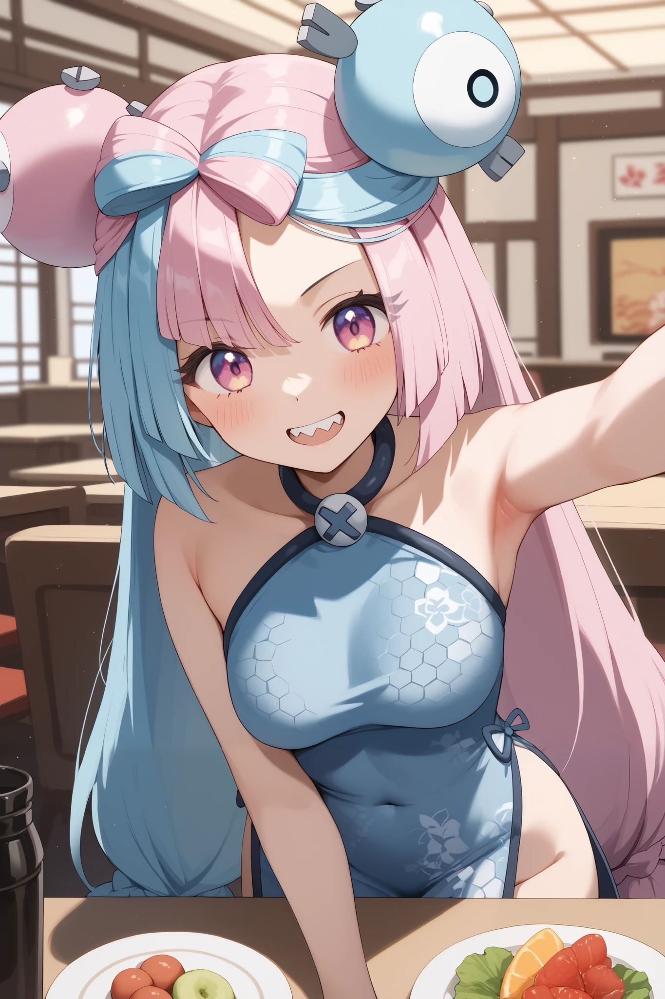 NSFW,masterpiece, top quality , high res, very detailed,Pokemon Iono、 blue hair、Bow-shaped hair、キャラクターの hair ornament、 hair ornament、 long hair、低く結んだ long hair、Multicolored Hair、 pink hair、 keen teeth、 split color hair、 twin tails、 two-tone hair 、 pink eyes, China Dress,restaurant