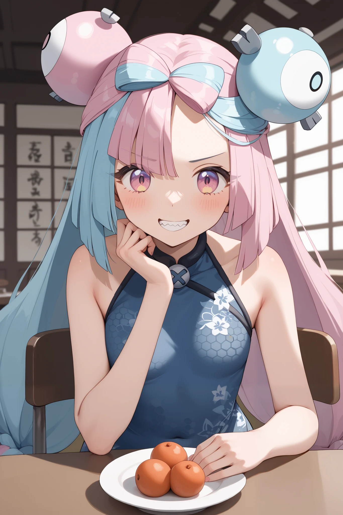 NSFW,masterpiece, top quality , high res, very detailed,Pokemon Iono、 blue hair、Bow-shaped hair、キャラクターの hair ornament、 hair ornament、 long hair、低く結んだ long hair、Multicolored Hair、 pink hair、 keen teeth、 split color hair、 twin tails、 two-tone hair 、 pink eyes, China Dress,restaurant