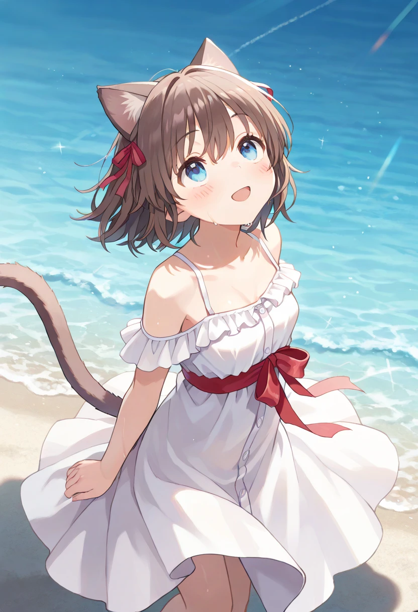  top quality 、 One Girl 、Brown cat ears and tail 、 slender body、Slender legs、Tiny breasts、 shiny dark brown hair 、 short hair、 cobalt blue eyes 、white dress with red bow、Lush forest、The sun shines in、smile、blush、 looking up at the sky