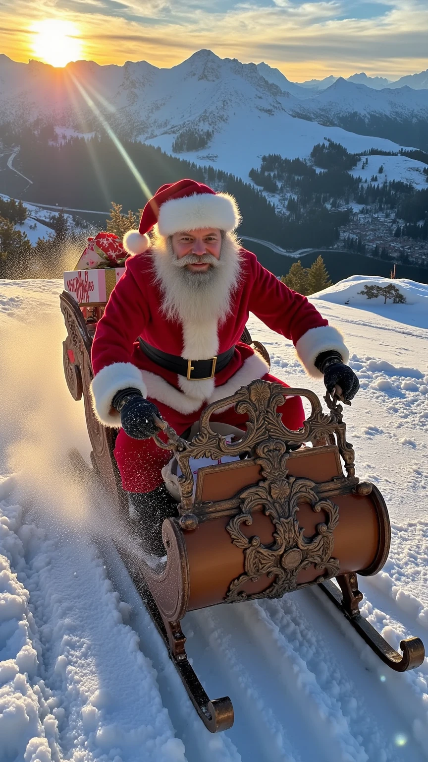 Generate a hyperrealistic cinematic shot of a Santa figure racing down the Pyrenees mountains:

Main Subject:
- Handsome man (30s) with perfectly groomed beard and authentic Santa suit
- Premium quality red velvet coat with real fur trim
- Wind-swept hair and clothing showing dynamic motion
- Determined expression with slight smile
- Frost on beard and eyebrows
- Professional climbing gear visible under costume
- Leather gloves gripping ornate sleigh reins

Sleigh Details:
- Traditional wooden sleigh with modern reinforced runners
- Ornate carved details with bronze fittings
- Packed with wrapped presents in various sizes
- Gifts secured with golden ropes
- Snow spraying from runners
- Motion blur suggesting high speed
- Ice crystals forming on leading edges

Environment:
- Majestic Pyrenees peaks in background
- Late afternoon golden light on snow
- Deep powder snow creating dramatic spray
- Visible ski tracks in fresh snow
- "Bones Festes!" carved deeply in foreground snow
- Distant villages with twinkling lights
- Natural rock formations visible through snow

Cinematography:
- Shot on virtual IMAX camera
- Low tracking angle emphasizing speed
- Anamorphic lens flares
- Motion blur in snow spray
- Crisp focus on Santa's face
- Atmospheric depth in mountain range
- Professional color grading
- High dynamic range

Lighting:
- Golden hour key light
- Snow reflection fill light
- Rim light on Santa's silhouette
- God rays through mountain peaks
- Realistic snow particle lighting
- Natural shadow detail in snow texture