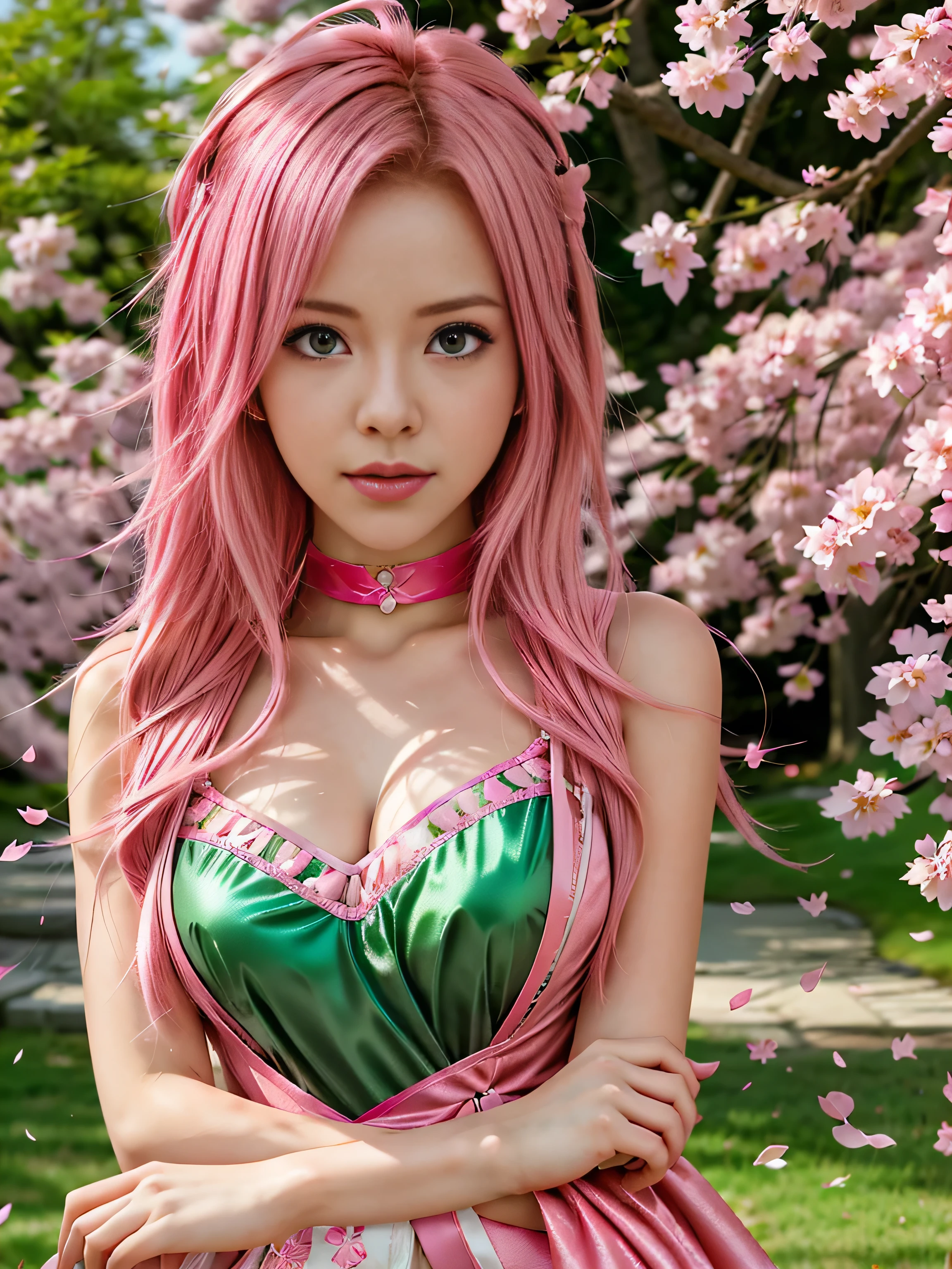 Araffe girl with pink hair and green dress posing for a picture - SeaArt AI