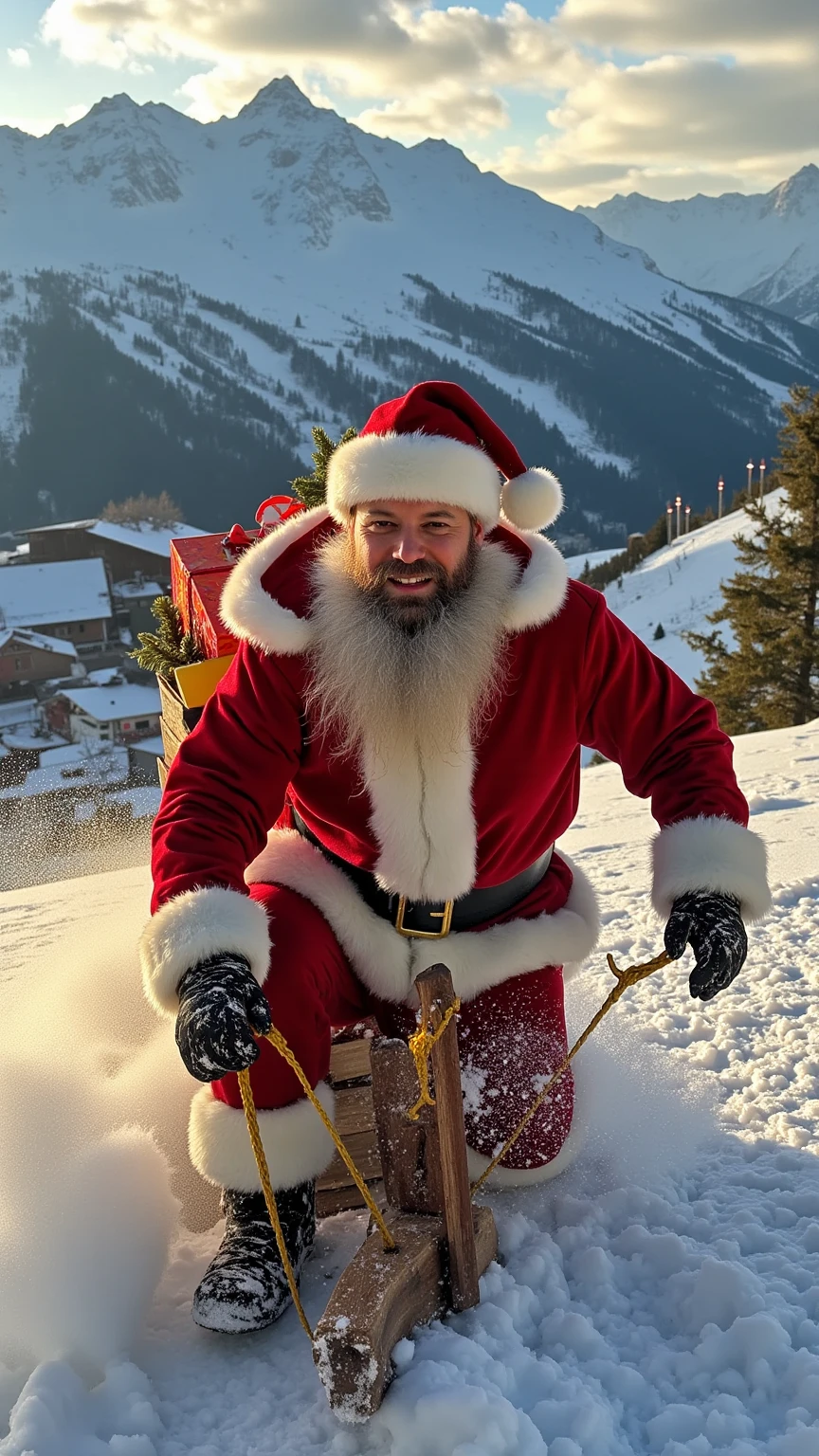 Generate a hyperrealistic cinematic shot of a Santa figure racing down the Pyrenees mountains:

Main Subject:
- Handsome man (30s) with perfectly groomed beard and authentic Santa suit
- Premium quality red velvet coat with real fur trim
- Wind-swept hair and clothing showing dynamic motion
- Determined expression with slight smile
- Frost on beard and eyebrows
- Professional climbing gear visible under costume
- Leather gloves gripping ornate sleigh reins

Sleigh Details:
- Traditional wooden sleigh with modern reinforced runners
- Ornate carved details with bronze fittings
- Packed with wrapped presents in various sizes
- Gifts secured with golden ropes
- Snow spraying from runners
- Motion blur suggesting high speed
- Ice crystals forming on leading edges

Environment:
- Majestic Pyrenees peaks in background
- Late afternoon golden light on snow
- Deep powder snow creating dramatic spray
- Visible ski tracks in fresh snow
- "Bones Festes!" carved deeply in foreground snow
- Distant villages with twinkling lights
- Natural rock formations visible through snow

Cinematography:
- Shot on virtual IMAX camera
- Low tracking angle emphasizing speed
- Anamorphic lens flares
- Motion blur in snow spray
- Crisp focus on Santa's face
- Atmospheric depth in mountain range
- Professional color grading
- High dynamic range

Lighting:
- Golden hour key light
- Snow reflection fill light
- Rim light on Santa's silhouette
- God rays through mountain peaks
- Realistic snow particle lighting
- Natural shadow detail in snow texture