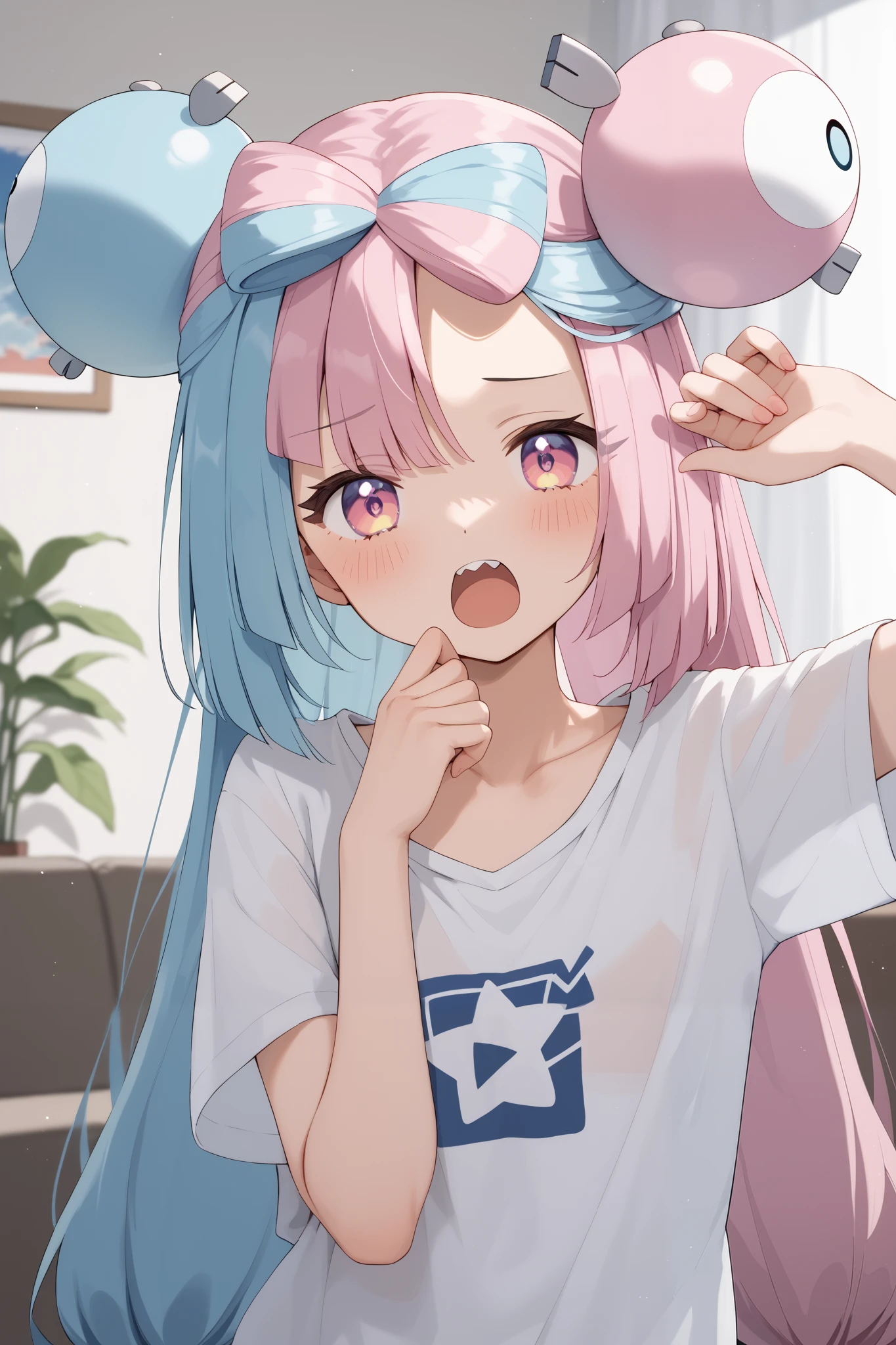 NSFW,masterpiece, top quality , high res, very detailed,Pokemon Iono、 blue hair、Bow-shaped hair、キャラクターの hair ornament、 hair ornament、 long hair、低く結んだ long hair、Multicolored Hair、 pink hair、 split color hair、 twin tails、 two-tone hair 、 pink eyes, oversized shirt,Baggy shirt, shoulder out,Long hem,Just the shirt,sleepy,yawn, living room