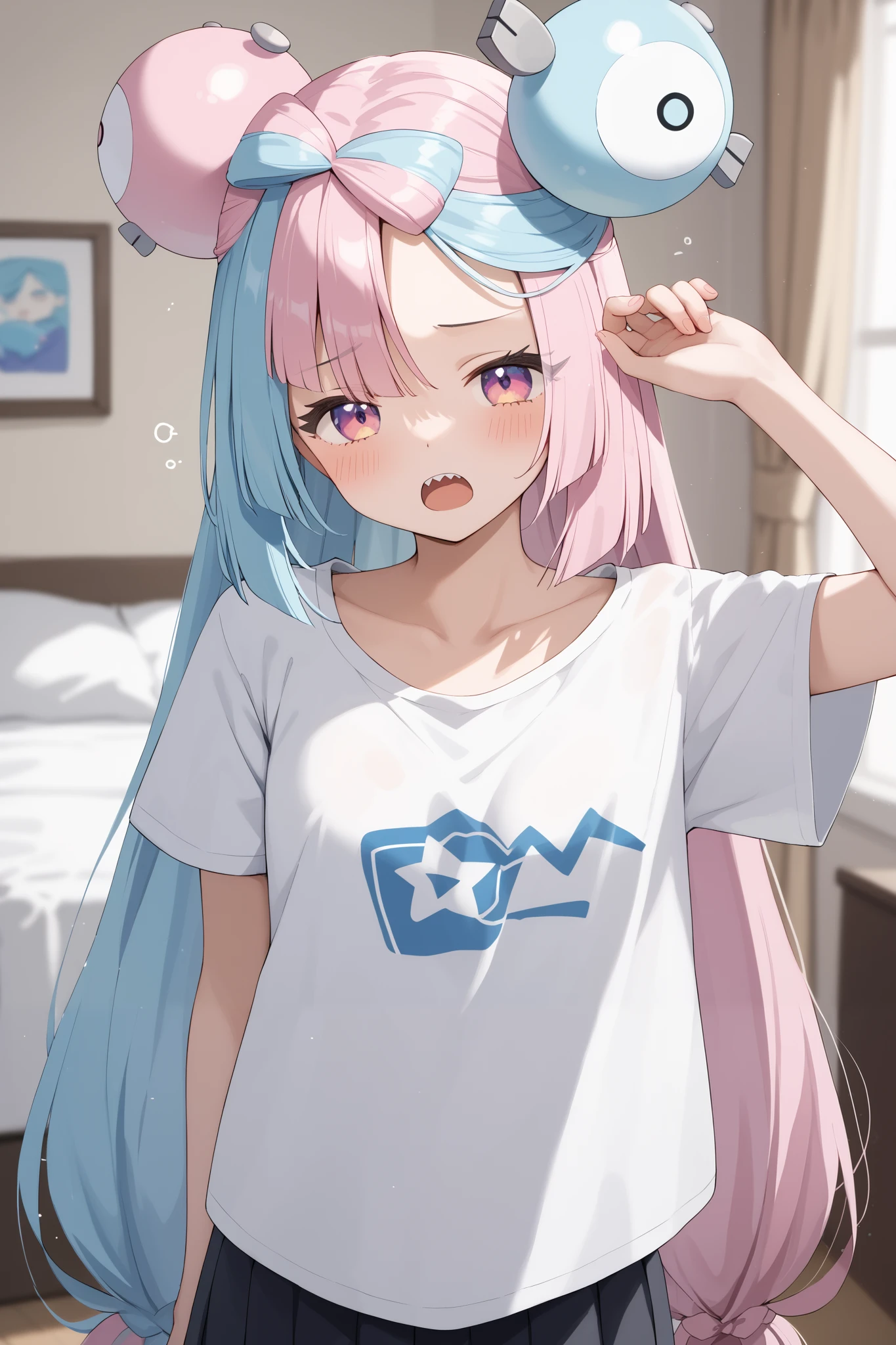 NSFW,masterpiece, top quality , high res, very detailed,Pokemon Iono、 blue hair、Bow-shaped hair、キャラクターの hair ornament、 hair ornament、 long hair、低く結んだ long hair、Multicolored Hair、 pink hair、 split color hair、 twin tails、 two-tone hair 、 pink eyes, oversized shirt,Baggy shirt, shoulder out,Long hem,Just the shirt,sleepy,yawn, living room