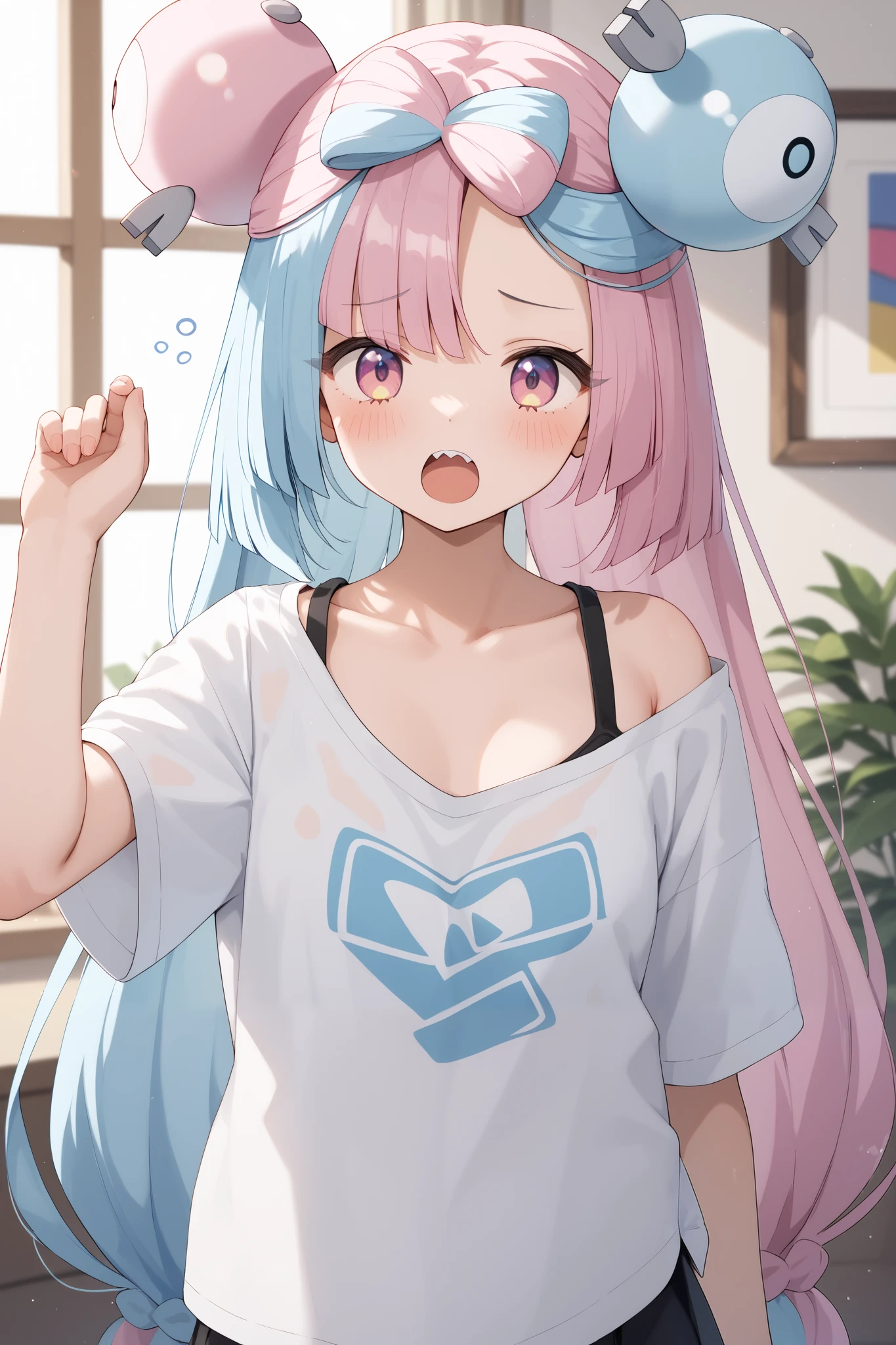 NSFW,masterpiece, top quality , high res, very detailed,Pokemon Iono、 blue hair、Bow-shaped hair、キャラクターの hair ornament、 hair ornament、 long hair、低く結んだ long hair、Multicolored Hair、 pink hair、 split color hair、 twin tails、 two-tone hair 、 pink eyes, oversized shirt,Baggy shirt, shoulder out,Long hem,Just the shirt,sleepy,yawn, living room