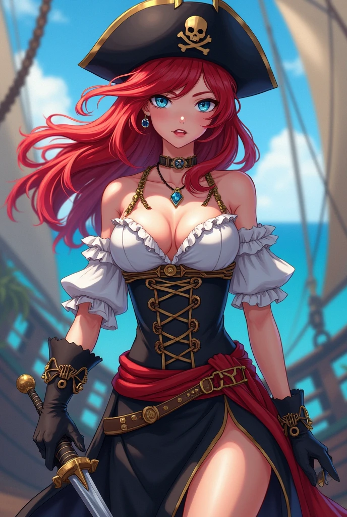 Sexy girl wearing (big diaper), ((Miss Fortune)), busty, (big breasts), wide hips, (latex), stockings, fishnets, (corset), (hypnotic), (magical), (blushing), pleasure, (orgasmic), colorful, ((mommydom)), ((pirate)), (pirate ship), ocean, sails, sunlight, tropical