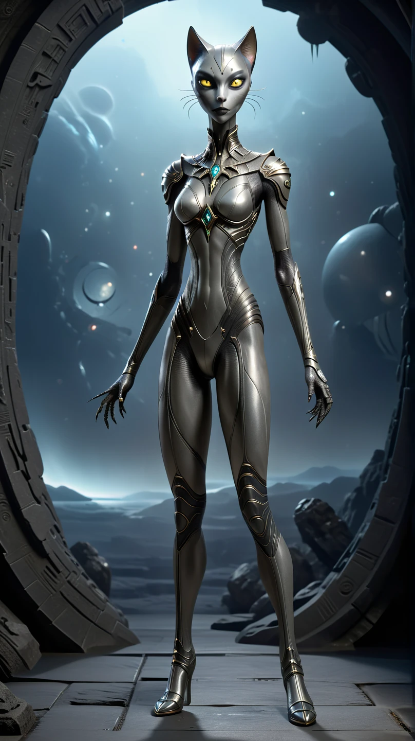 A hyper-realistic depiction of a Bastet-inspired alien hybrid, standing in a confident and sensual full-body pose. Her skin is a sleek, otherworldly gray with subtle metallic undertones, blending feline and humanoid features seamlessly. Her eyes glow with an intense, piercing light, radiating an enigmatic intelligence. Her body is exquisitely proportioned, with a well-defined, slightly muscular physique that combines elegance with strength. She wears intricate alien-inspired jewelry and minimal, futuristic attire with delicate details that enhance her form. Her posture exudes power and allure, set against a minimalistic yet mysterious dark backdrop, emphasizing her hyper-detailed textures and otherworldly presence. Rendered in 8K resolution with extreme attention to every detail, from her shimmering skin to the faint cosmic patterns etched into her body.