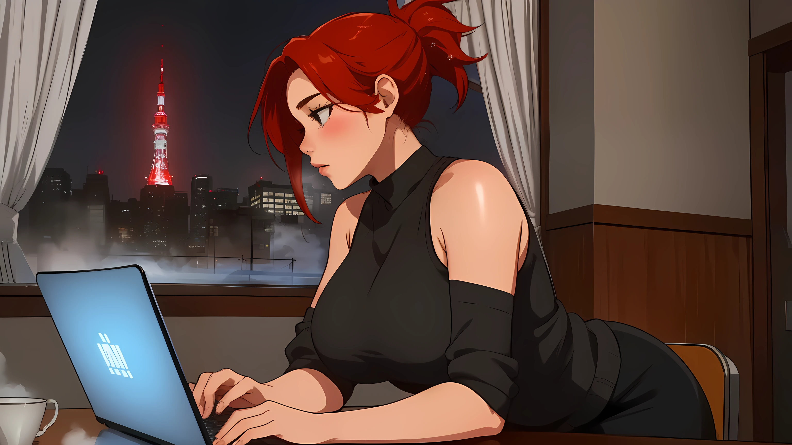 "A young woman with blonde red hair tied in a ponytail is sitting in front of a laptop, her hands actively typing as she focuses intently on coding. The camera angle captures her from the side, showcasing her black tank top and black leggings. The desk is tidy, with a steaming cup of coffee resting beside the laptop, sending soft wisps of steam into the cool air. The background reveals a large window showcasing a snowy Tokyo night, where the city’s iconic skyline is illuminated by a blend of glowing neon signs and soft moonlight. Snowflakes gently drift down, blanketing rooftops and streets in white, while the faint outlines of Tokyo Tower and other landmarks add depth to the urban scene. The sheer curtains ripple slightly as a cold winter breeze sneaks in, creating a sense of movement and contrast between the warmth of the room and the chill of the snowy night outside. The room is bathed in a soft, warm light from the laptop screen, reflecting off her determined expression. Her relaxed yet focused posture highlights her dedication, creating a serene yet dynamic atmosphere that merges the coziness of her workspace with the lively, snow-covered Tokyo backdrop."
