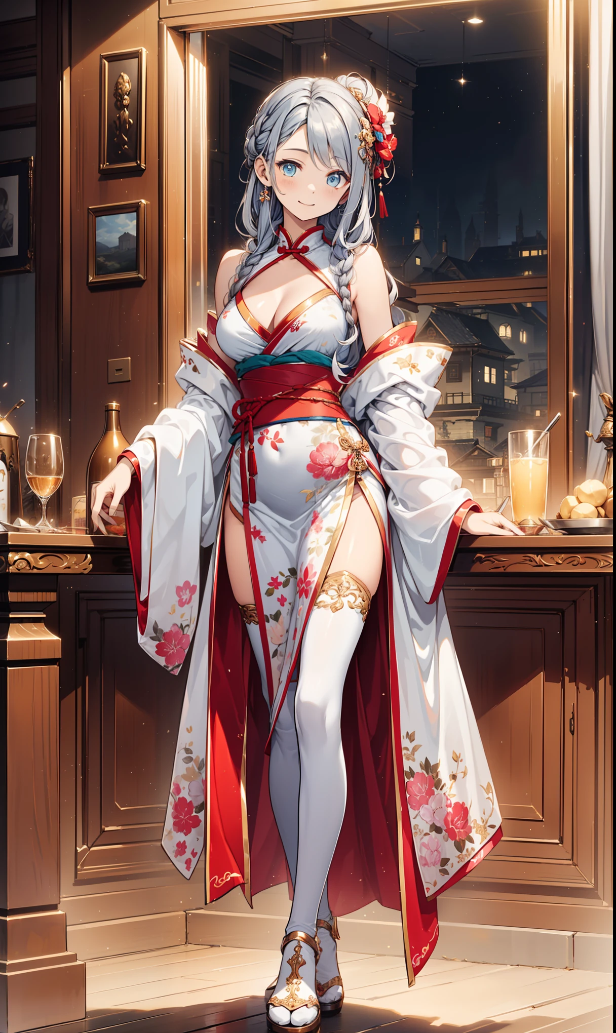 incredibly absurdres,fantasy,valentine,bar,yellow long shan,pelvic_curtain,print_cheongsam,long_coat,haori,high_heels,thighhighs,smile