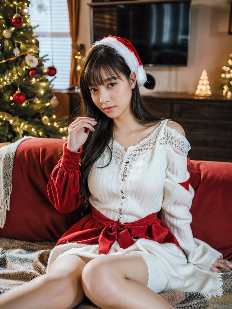 ( masterpiece :1.2,  top quality), (   realistic   , photo   realistic   :1.4),    beautiful illustrations , (  natural light,   movie lights),    Depth of Written Boundary, ( Anatomically perfect), (  focus on face ),   The only viewers are boys  ,  (Five beautiful girls,  Japan's Most Popular Idol Group,   Christmas costume  , Clothes lift, Surround Viewer:1.3),  one beautiful girl , 20yo,  popular Japanese idol , Dressed up as Santa,  white lace stockings,  wristband ,  high heels by Miguel, Nipples, Clothes lift, Well good, Big Breasts, (Masturbation,  fingering, 彼女は自分のNipplesを触る),  pussy juice, ( drool ,  salivate, orgasm face:1.1),  shows crotch,  Stylish Living Room , ( knight),  luxury furniture,  christmas tree ,  Christmas Ornaments ,, creates photo  realistic   images,    cowboy shot, (Soft indirect light    ,  Backlight :0.7),