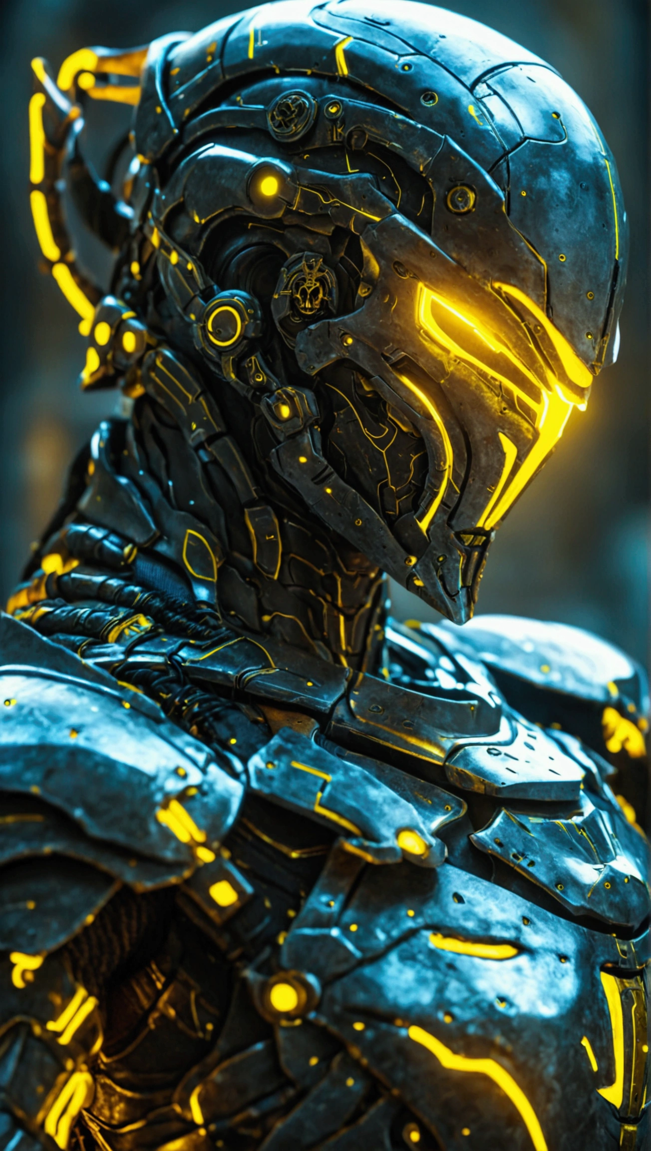 incredible scary warrior , (High, HDR:1.2),  medieval armor with yellow neon details and a cybernetic hand, (( Sci-Fi, futuristic))