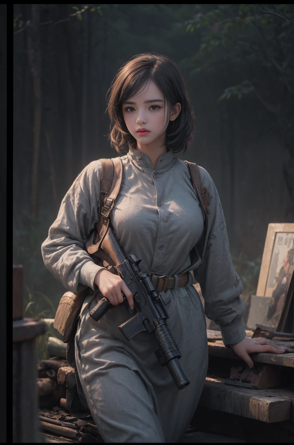 ((masterpiece, highest quality, Highest image quality, High resolution, photorealistic, Raw photo, Extremely detailed CG unified 8k wallpaper)), (huge stunning goddess shot, jaw-dropping beauty, perfect proportions, sweaty skin, a face stained with dirt and stains, beautiful body, slim body beauty:1.4), (an american woman soldier in a U.S. military uniform), (Short hair style, tattooed all over her's body, revealing clothes, holding an m16 rifle), (1960s Vietnam Saigon street), Emma Watson