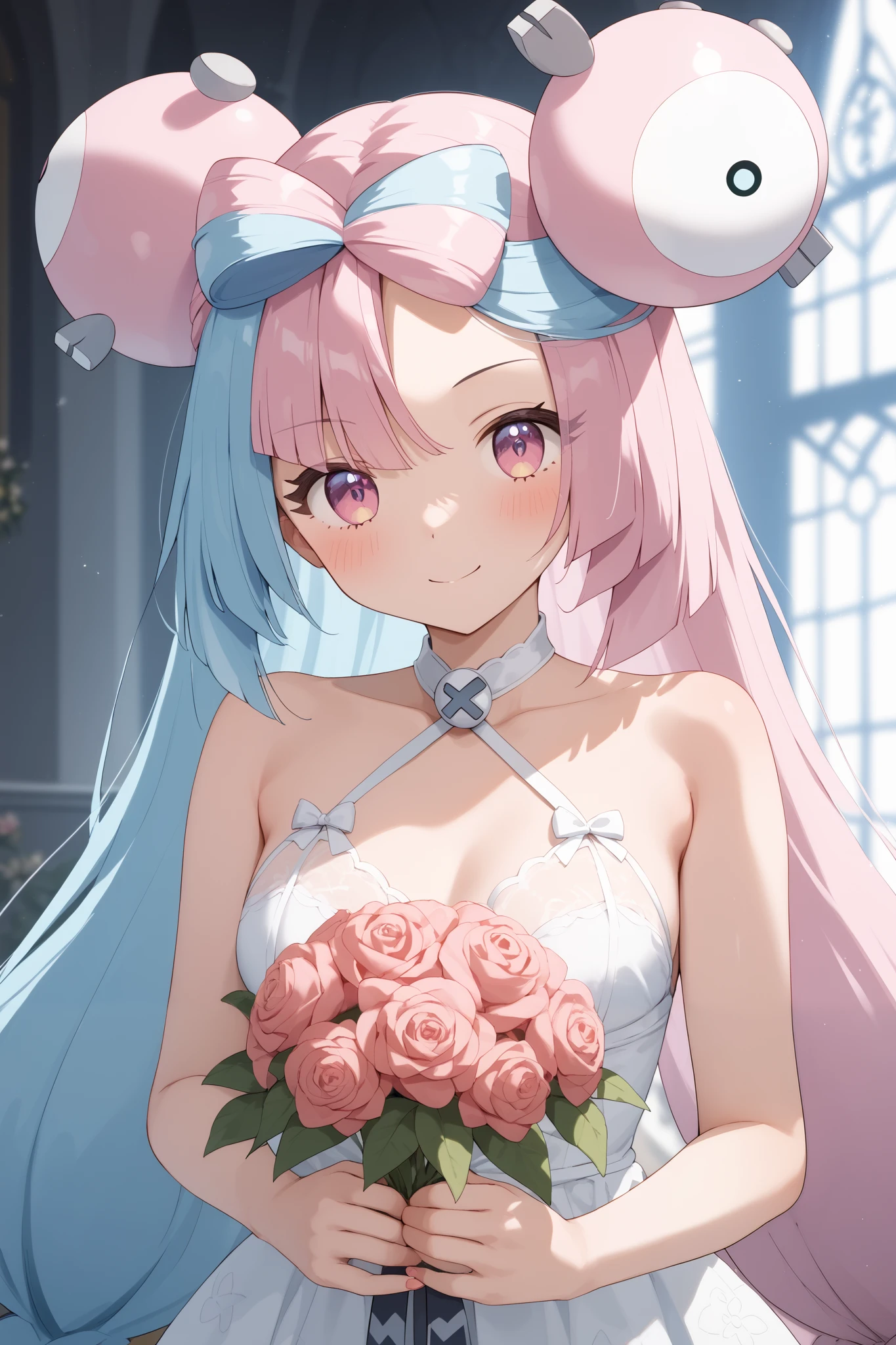 NSFW,masterpiece, top quality , high res, very detailed,Pokemon Iono、 blue hair、Bow-shaped hair、キャラクターの hair ornament、 hair ornament、 long hair、低く結んだ long hair、Multicolored Hair、 pink hair、 split color hair、 twin tails、 two-tone hair 、 pink eyes, Wedding Lingerie,bouquet,Wedding Venues,church