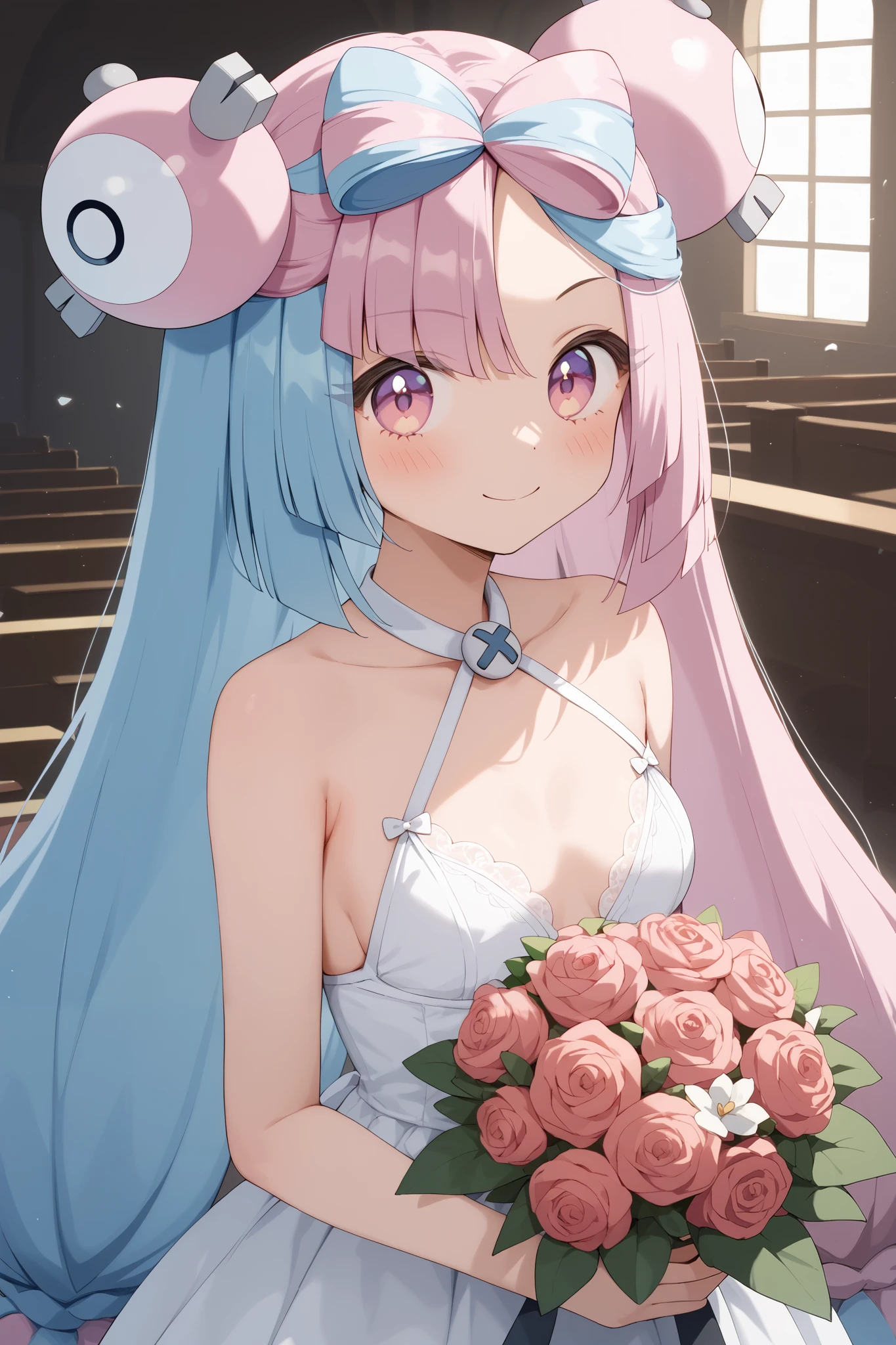 NSFW,masterpiece, top quality , high res, very detailed,Pokemon Iono、 blue hair、Bow-shaped hair、キャラクターの hair ornament、 hair ornament、 long hair、低く結んだ long hair、Multicolored Hair、 pink hair、 split color hair、 twin tails、 two-tone hair 、 pink eyes, Wedding Lingerie,bouquet,Wedding Venues,church