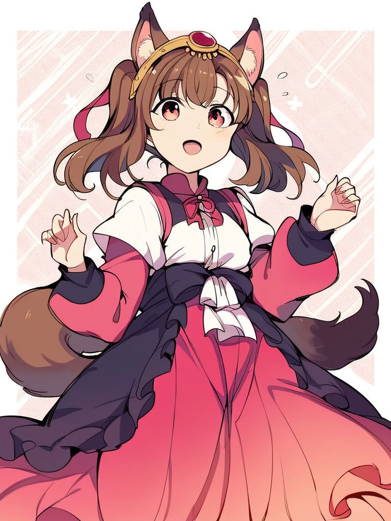  One girl ,  high res,  from your hand and direct your gaze,  smiles,  twin tails,  animal ears ,  headpiece, ribbon,  cowboy shot, Tail、Brown Hair,  girl、Young、younger sister、 big eyes、 Long Skirt 、 Long Sleeve Dress、Reddish Clothes 肩までの髪