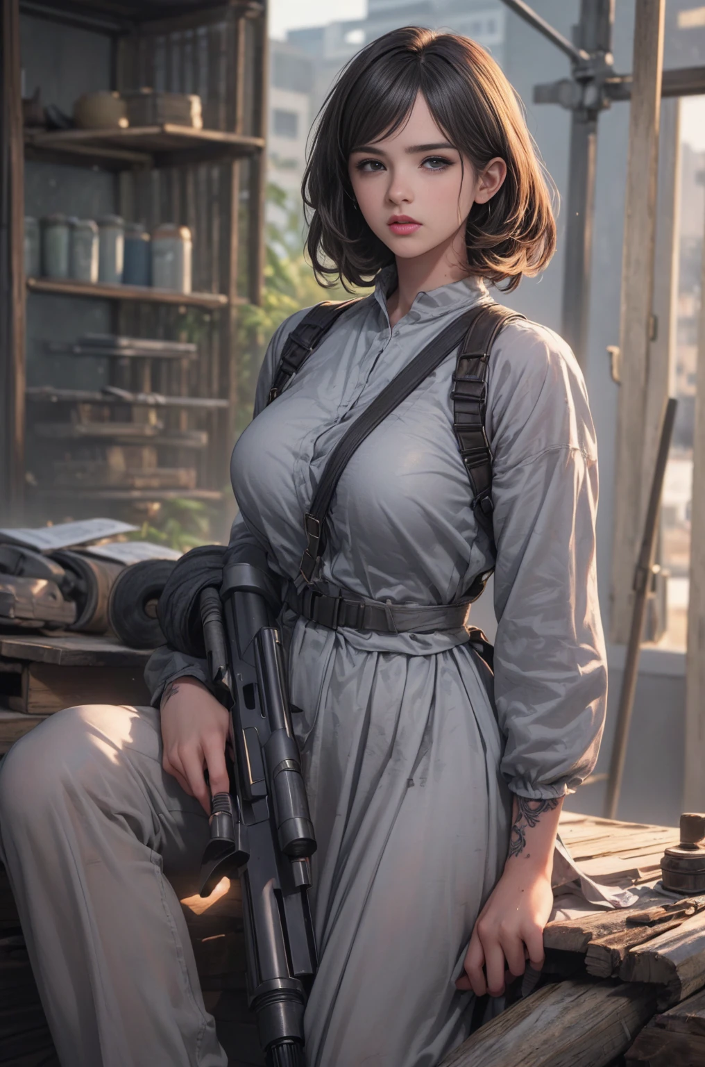 ((masterpiece, highest quality, Highest image quality, High resolution, photorealistic, Raw photo, Extremely detailed CG unified 8k wallpaper)), (huge stunning goddess shot, jaw-dropping beauty, perfect proportions, sweaty skin, a face stained with dirt and stains, beautiful body, slim body beauty:1.4), (an american woman soldier in a U.S. military uniform), (Short hair style, tattooed all over her's body, revealing clothes, holding an m16 rifle), (1960s Vietnam Saigon street), Emma Watson