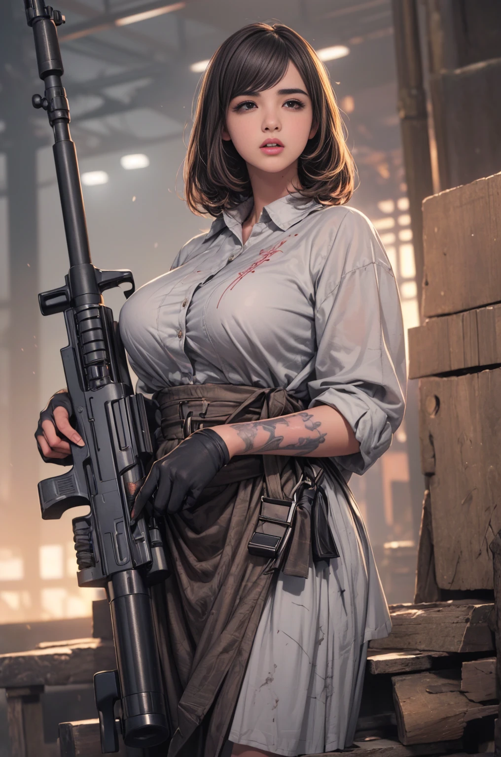 Photorealistic, high resolution, 1womanl, Solo, Hips up, view the viewer, (Detailed face), White hair, SWAT vests, Gun, jewelry, blood splashed, blood splashing