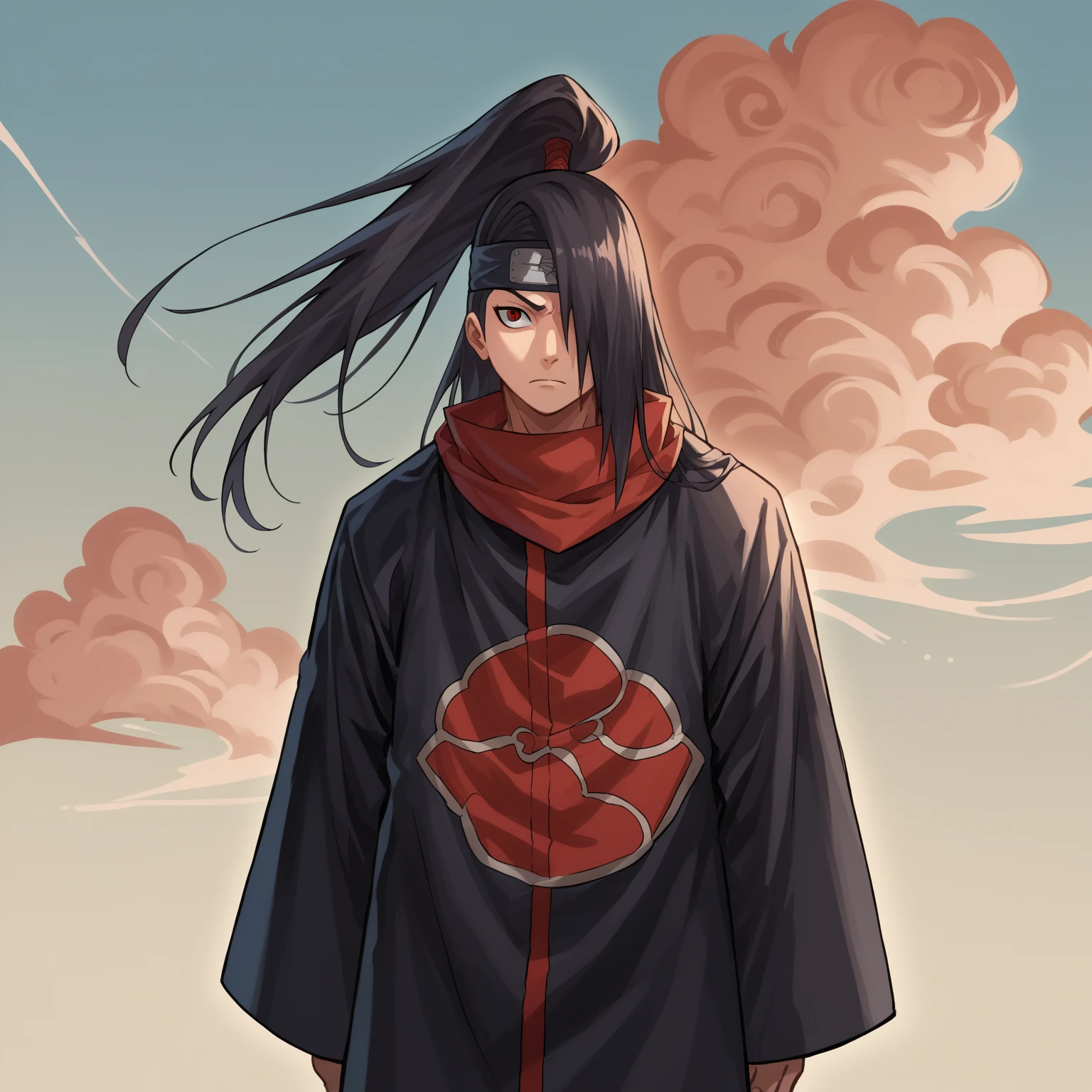 score_9, score_8_above, score_7_above, source_anime, 1 , alone, deidara,  extra mouth ,  mouth and hand  ,  hair over one eye ,   long hair, ponytail, black hair color,  red eyes , sharingan,  black headband , bandana,  uniforme akatsuki, Black cloak, red cloud print, standing,  outdoor, anger 