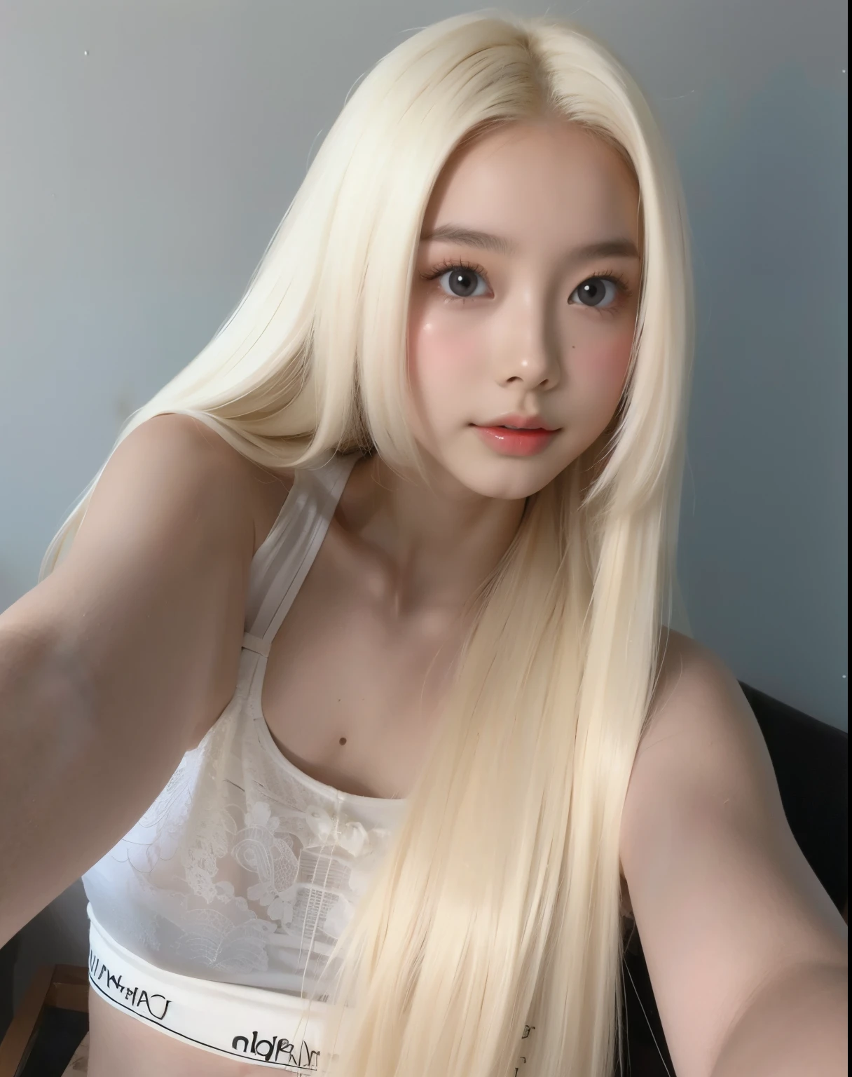 Blonde woman with long hair and a bra top posing for a selfie,  Korean, ava max, angelawhite,  with long white hair, very very pale blond hair, with long white hair,   with white hair, Mulher sul-Korean bonita, her hair is white, linda mulher Korean jovem, long blond hair and big eyes, [blonde goddess, Mulher Korean, Asian girl