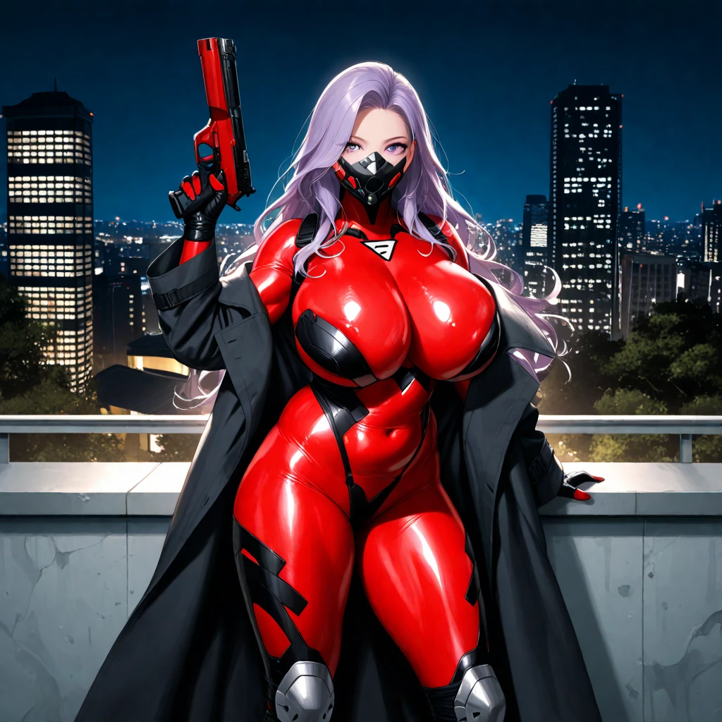  accurate human body、 anatomically correct、５ Fingers,Night City、 building roof、Vigilante 、 the wind is blowing、Super hero,  mature woman 、huge tits、huge hip、 semi-long hair、 plump 、 muscular、anger、Tree Eyes、Purple Hair、 shiny skin 、 red bodysuit、oversized black trench coat、 Open Finger Gloves 、Holding a gun in both hands、Elbow pads、Shin Guards、Ready for battle、huge breasts,mouth mask