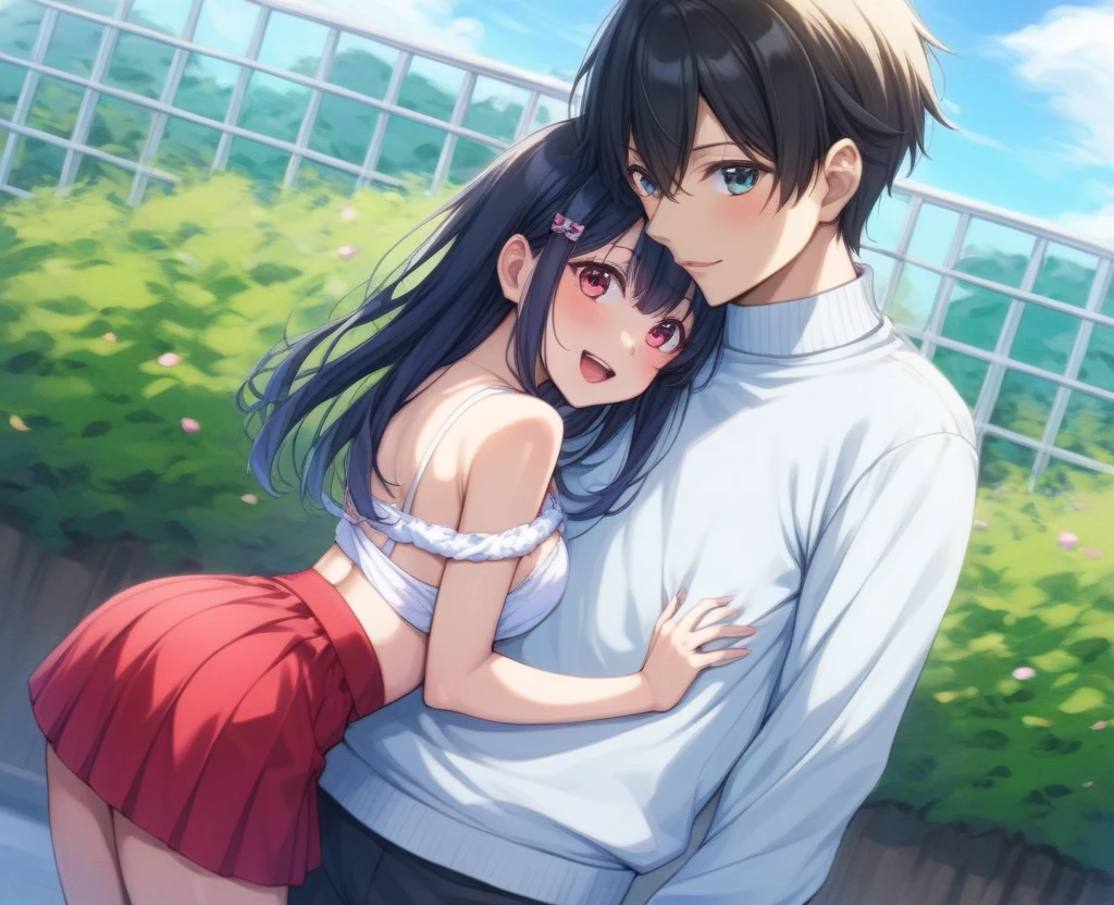 2人の女の子(,young girl ,short stature,gyaru)) ,flat chest,nsfw,plump,,big head、black hair,long hair,.,poolside,striped one-piece swimsuit,stand,out the ass.shy, sexual ecstasy, blush,1boy grab shoulder