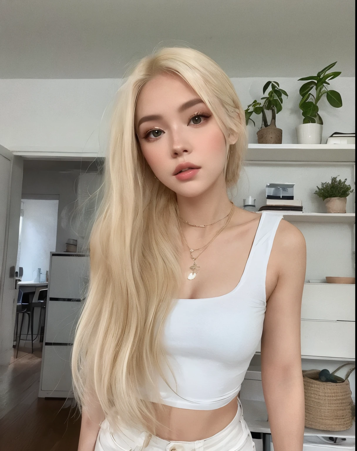 Blonde woman with long hair wearing a white top and jeans in the kitchen,  woman with long hair brancos, her hair is white, with long white hair, extremely pale blond hair, very very pale blond hair,  with long blond hair , ava max, one with blonde hair, white hime cut hairstyle,  woman with long hair, Asian girl with long hair, with very long blonde hair