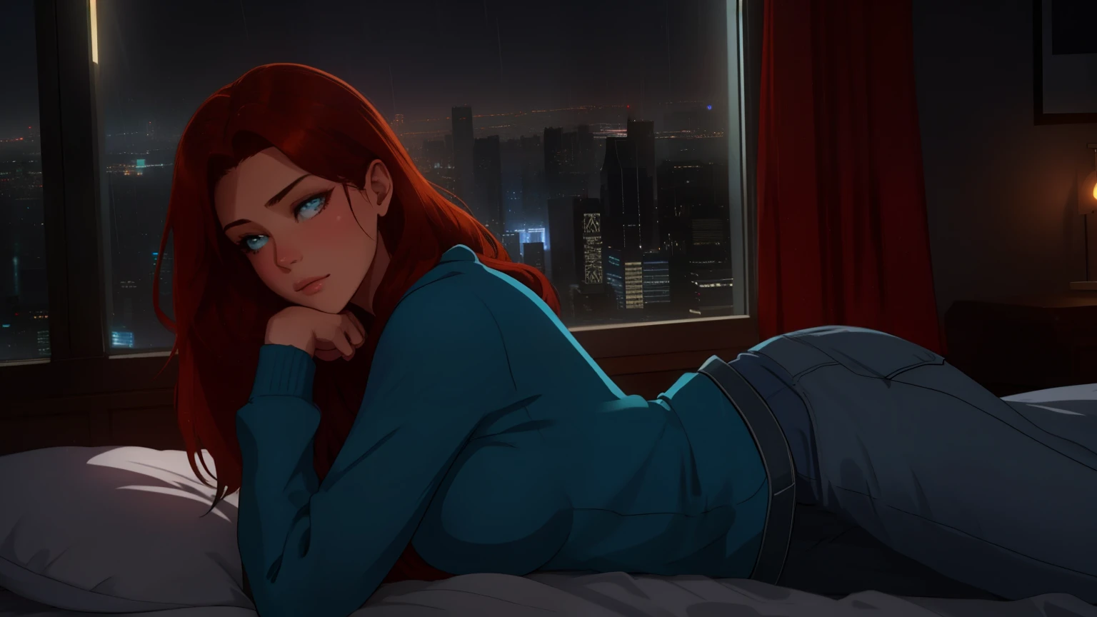 "An atmospheric, cinematic bedroom scene at night. A woman with shoulder-length auburn hair lies fully stretched out on her stomach on a cozy bed, wearing an orange hoodie and blue jeans. Her head is turned slightly to the side, resting on her hand in a relaxed, contemplative pose. The scene is illuminated by soft, warm lighting from bedside lamps, complemented by the cool bluish glow of a futuristic city skyline through a large window. Subtle rain effects and faint reflections of city lights on the window add a serene and introspective mood. Semi-realistic style with detailed textures, soft shading, and cinematic lighting for a peaceful, dreamy vibe."