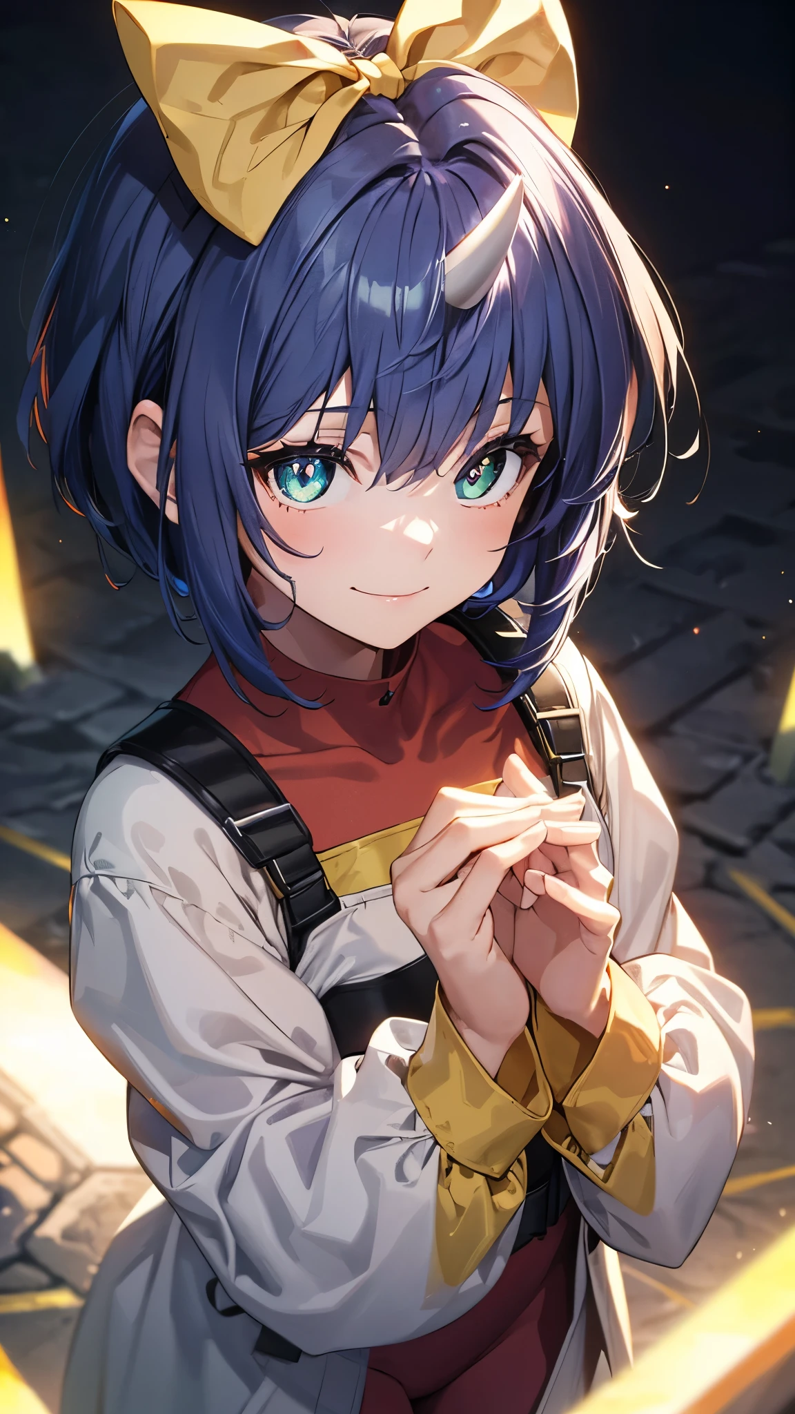 1girl,solo,Eiko Carol,blue hair,short hair,white horn,(hair bow,yellow bow),bodysuit,smile,masterpiece,Noise Reduction,perfect anatomy,high resolution, ultra-detailed, ultra-detailed face,game cg,dutch angle ,beautiful detailed eyes,visualart,five fingers, perfect hands, perfect lighting, sparkling pupils,