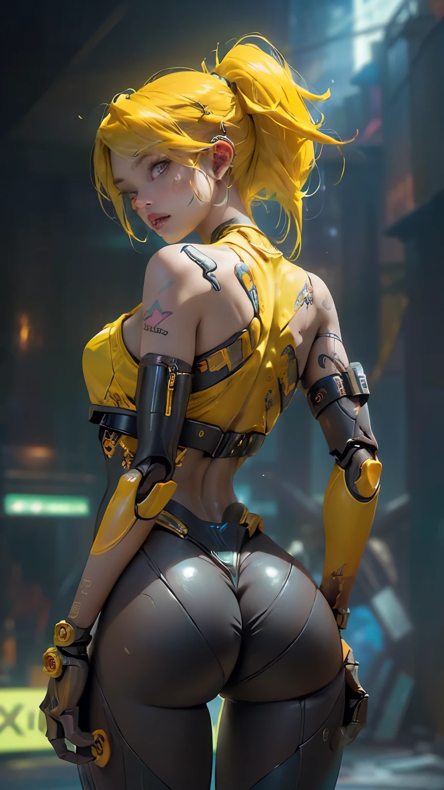 (rear view, backside view)、(La mejor calidad,A high resolution,Ultra - detallado,actual),Ariana Grande , retrato, (Superchica zombi de DC:1.4 ) , (biomech yellow :1.4 ) , robot complejo, crecimiento completo, Hyper realistic, crazy little details, extremely clean lines, (ciberpunk aesthetic) , (obra maestra presentada en Zbrush Central) , brutalist gothic cathedral, ciberpunk, foto premiada, bokeh, neon lights, cyber member, (pose vaquero) ,More detailed 8K.motor irreal:1.4,UHD,La mejor calidad:1.4, fotorrealista:1.4, textura de la piel:1.4, obra maestra:1.8,obra-prima, mejor calidad,objeto Objeto], (detailed face features:1.3), (chemical laboratory ruins background:1.4 ), (ciberpunk 2.1), (convexo dedos detallados), (Perfect anatomy), (hermosos ojos azules),( lingerie yellow) 