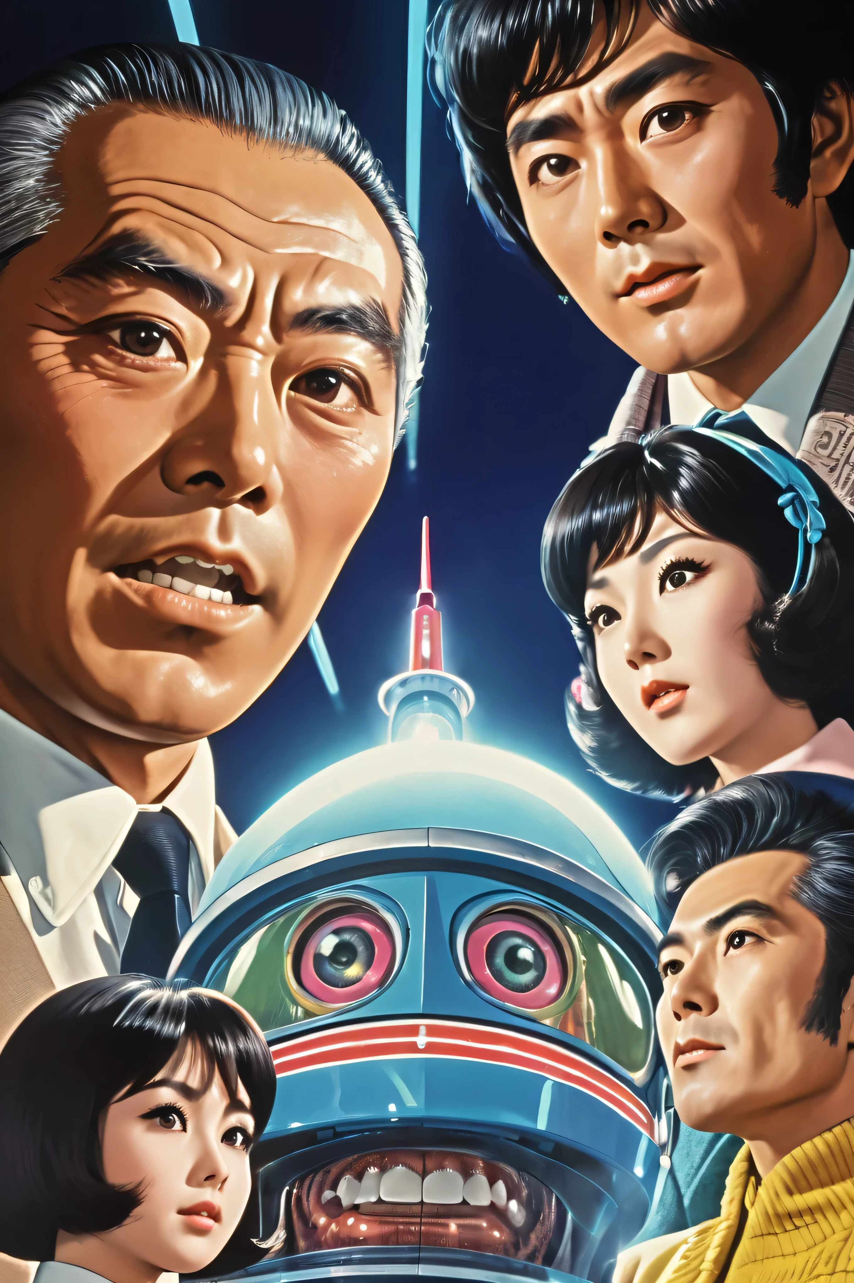 Manga characters, 1970's comic art , 1970's Japanese TV show monster, detailed Digital Paint, bright color, dynamic composition , Dramatic lighting, vintage aesthetics , ( top quality,4K,8k, high definition ,masterpiece:1.2), {{more}} ,( realistic ,photo realistic ,photo- realistic :1.37), Extremely Detailed Eyes and Faces , has long eyelashes, Beautifully Drawn , dynamic composition ,Dramatic lighting, bright color, retro anime style poster 、 retro futuristic ,1960s anime , 1970's Japanese TV , Tsuburaya Productions , happy new year ,japanese font , SFX transformation hero , Manga art, Digital Paint