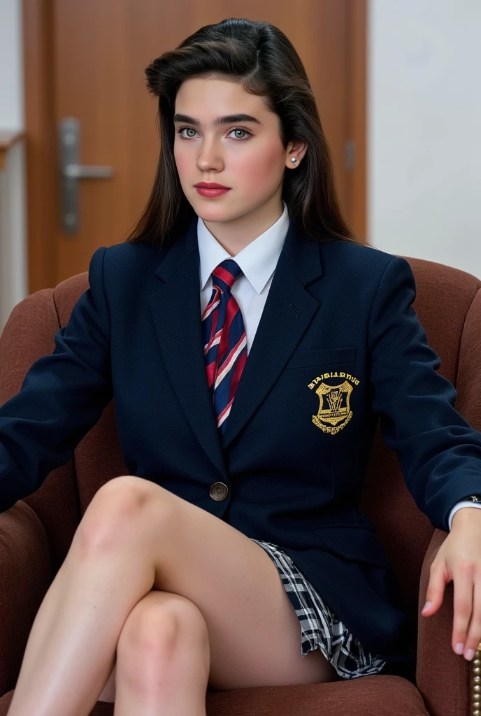 (8k、Raw photo、highest quality、masterpiece:1.2)、(realistic、Photoreal)、(Jennifer Connelly at )、check mini skirt、dark blue blazer shool uniform、white shirt with a vivid color stripe tie, Bare legs、she is tall with long limbs and small head., glossy long straight dark hair、sat in an arm chair with her arms on its armrests, Seen from the front、with her legs properly aligned、beautiful shins, bright light illuminates on her face., her smooth fair skin accentuated., she gave a glimpse to her white panties., high definition ,