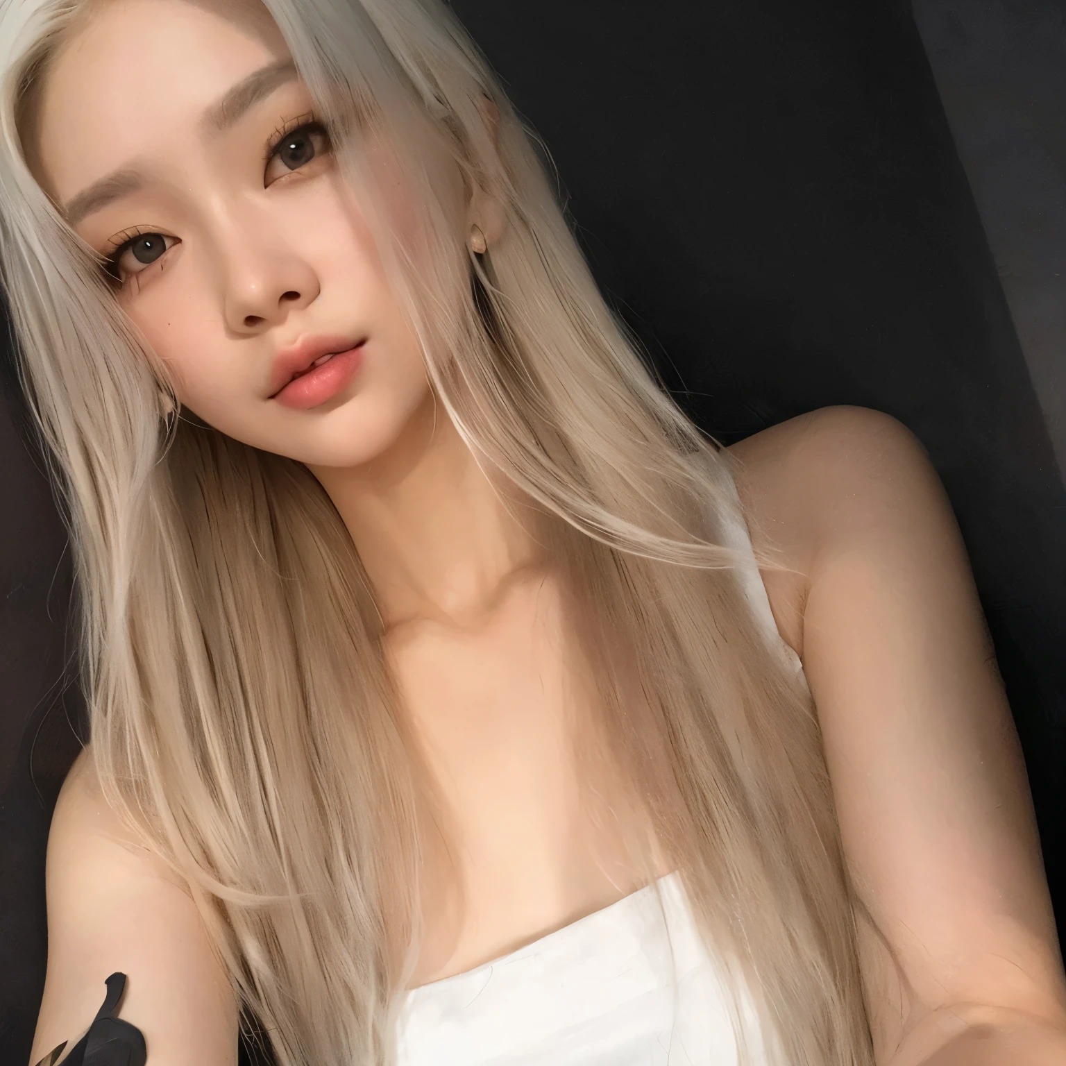 A close-up of a woman with long blonde hair and a white dress, roseanne park of blackpink, korean girl, pale hair, with long and white hair, with long white hair, heonhwa choe, ulzzang,  Beautiful South Korean woman , very blonde hair, very pale, extremely pale blond hair, cl, Jaeyeon Nam,  Her hair is white , korean woman