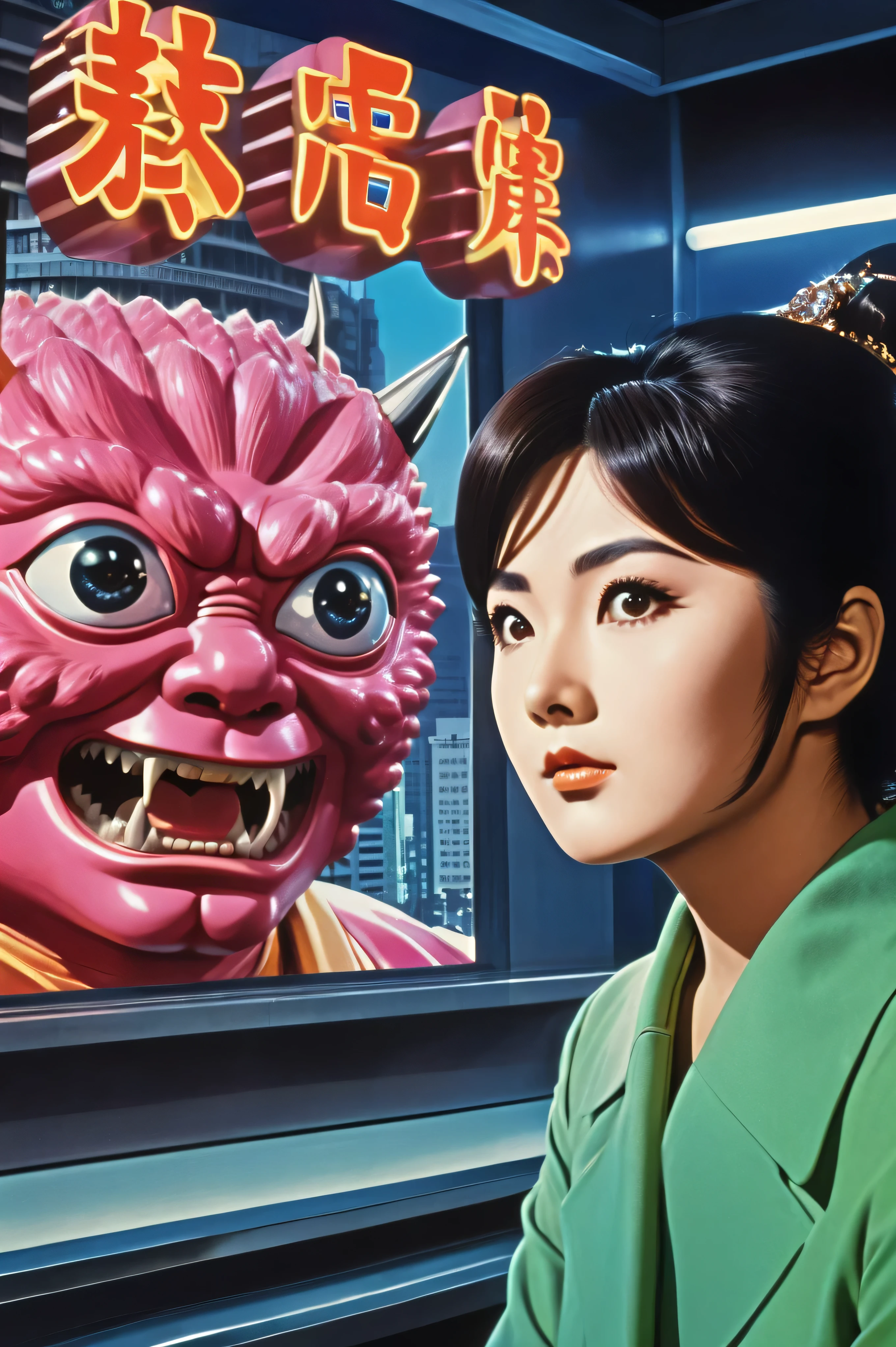 Manga characters, 1970's comic art , 1970's Japanese TV show monster, detailed Digital Paint, bright color, dynamic composition , Dramatic lighting, vintage aesthetics , ( top quality,4K,8k, high definition ,masterpiece:1.2), {{more}} ,( realistic ,photo realistic ,photo- realistic :1.37), Extremely Detailed Eyes and Faces , has long eyelashes, Beautifully Drawn , dynamic composition ,Dramatic lighting, bright color, retro anime style poster 、 retro futuristic ,1960s anime , 1970's Japanese TV , Tsuburaya Productions , happy new year ,japanese font , SFX transformation hero , Manga art, Digital Paint