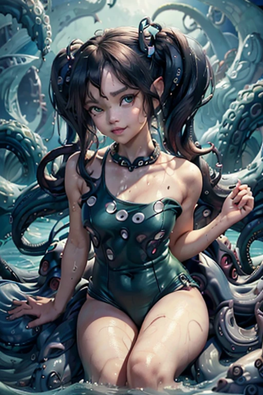 nsfw ,sitting, 1girl,nsfw ,smile,black hair,green eyes,,one-piece swimsuit,in water,school swimsuit,twin tail,flat breast,masterpiece,half-closed eyes,rolling eye,tentacles,dark blue,クトゥルフ,night,tentaclehorrorai