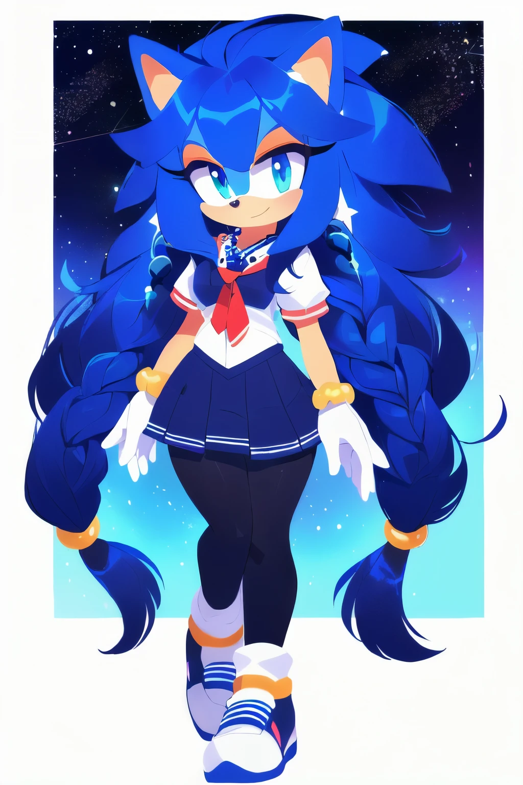 Sonic oc, Mobian, female, sonic the hedgehog but female, Cosmic hedgehog, A beautiful light blue hedgehog, purplish blue eyes, very long hair/quills, braided and beaded long hair bangs, long streaks of hair on each side of her face, (star constellation on hair, beads on hair, smooth fur, slim thick hourglass body, slim fit, wearing a black school uniform, black leggings, white shoes, beaded hair and rings on hair flowing hair,
