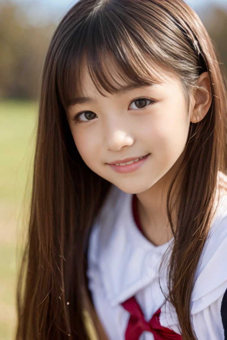 lens: 135mm f1.8, (highest quality),(RAW Photos), (Tabletop:1.1), (Beautiful 7  Japanese girl), Cute face, (Deeply chiseled face:0.7), (freckles:0.4), dappled sunlight, Dramatic lighting, (Japanese School Uniform), (On campus), shy, (Close-up shot:1.2), (smile),, (Sparkling eyes)、(sunlight)