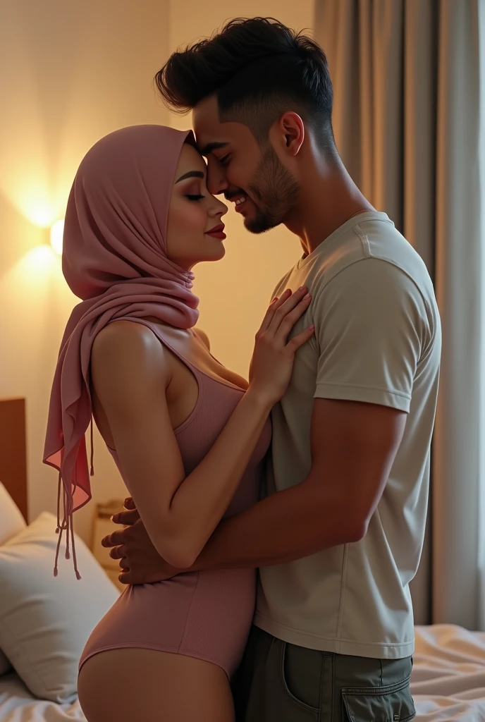 Black headscarf on the beach, white long sleeve t shirt, black sweatpants, barefoot, Sexy skinny woman lying on the floor. 1 man kisses woman's butt.