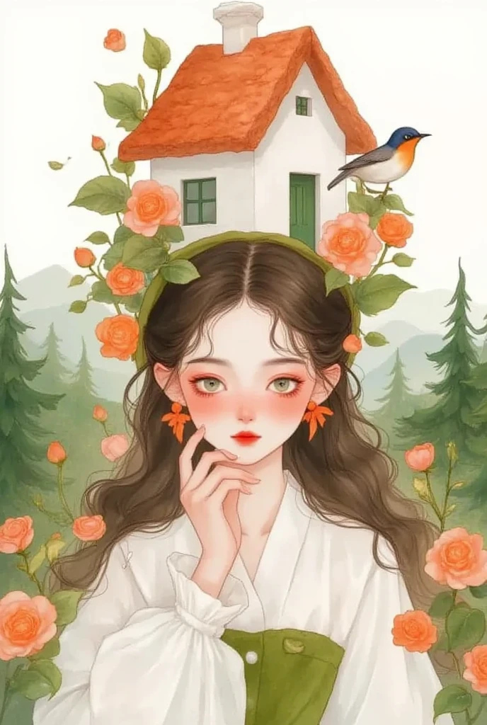   A beautiful girl with green eyes  ，  Wearing a delicate headband  ，  Her hair is decorated with natural elements and the house  ， Carrying a house on her back  ， Wearing a house on her head  ，  The background is dense trees and rolling hills。  hand drawn illustration style，  cute cartoon design  ，Green Palette，  Birds are flying on her face  ，  The swallow rests on his shoulder  ，  by Hsiao Ron Cheng  