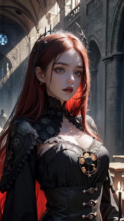 a girl with long red hair, beautiful detailed eyes, beautiful detailed lips, extremely detailed eyes and face, long eyelashes, white dragon behind her, intricate detailed ornate fantasy, digital art, concept art, cinematic lighting, dramatic lighting, (best quality,4k,8k,highres,masterpiece:1.2),ultra-detailed,(realistic,photorealistic,photo-realistic:1.37),highly detailed, vibrant colors, cinematic composition
