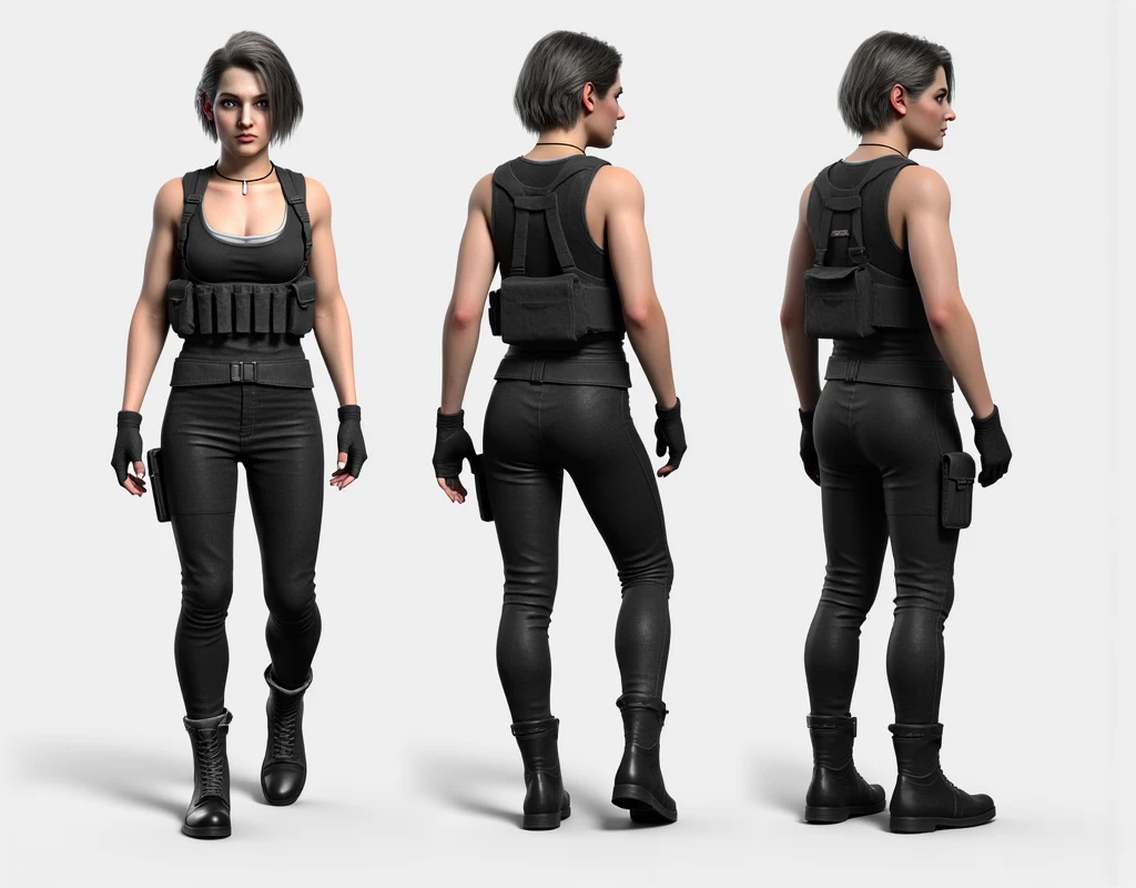 JillValentine, Jill Valentine,Jill Valentine \(Resident Evil Death Island\), "character design", "concept art", "front, back, and side view", empty background.