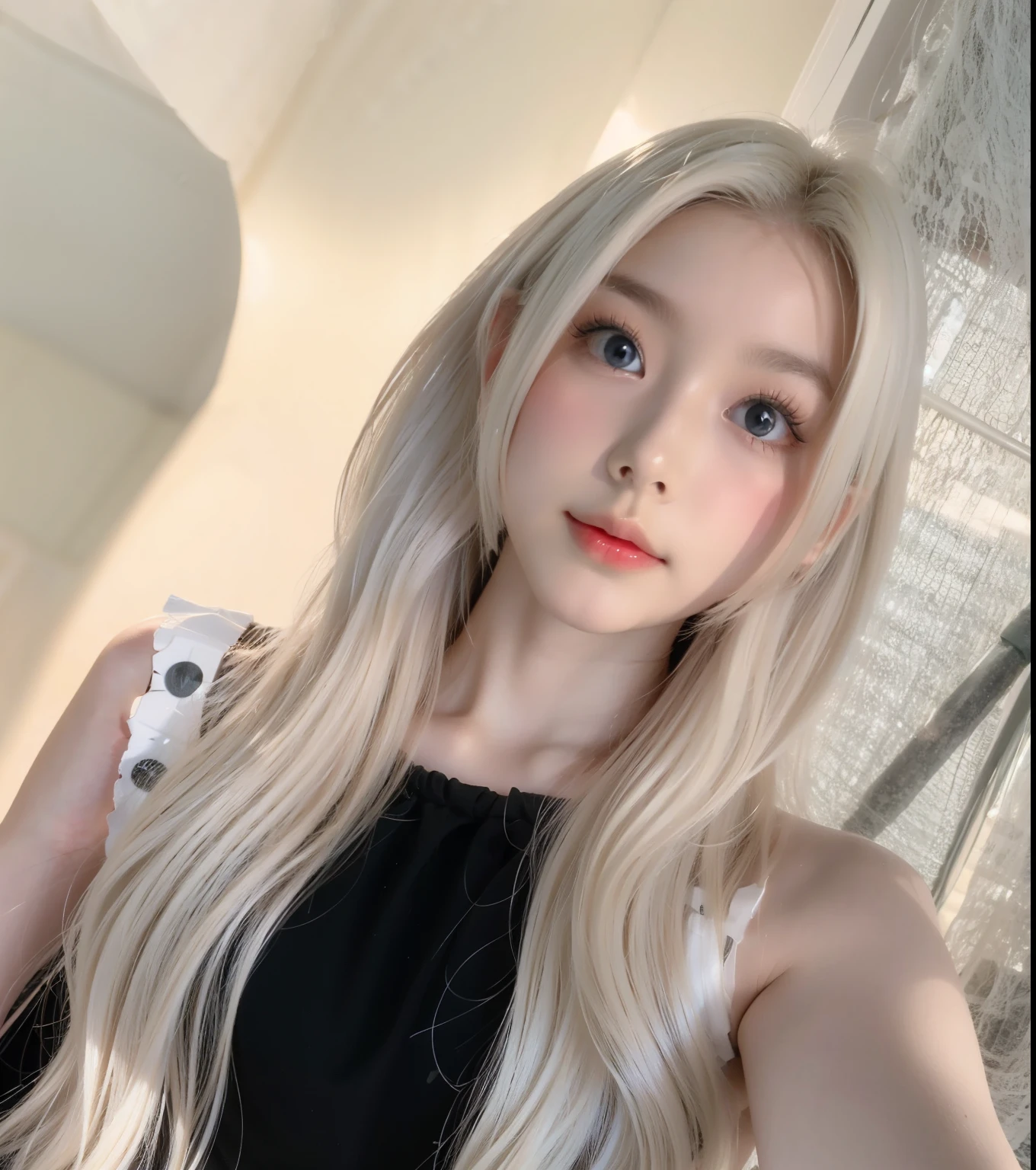  blonde hair with long hair and a black top taking a selfie,  with long white hair,   with white hair, with long white hair, ulzzang,   with white hair, long blond hair and big eyes, long blond hair and big eyes,  Korean, Tifa Lockhart with white hair, Sakimichan, pale porcelain white skin