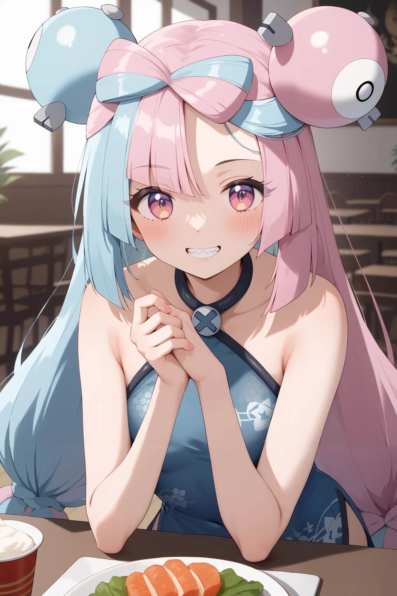 NSFW,masterpiece, top quality , high res, very detailed,Pokemon Iono、 blue hair、Bow-shaped hair、キャラクターの hair ornament、 hair ornament、 long hair、低く結んだ long hair、Multicolored Hair、 pink hair、 keen teeth、 split color hair、 twin tails、 two-tone hair 、 pink eyes, China Dress,restaurant