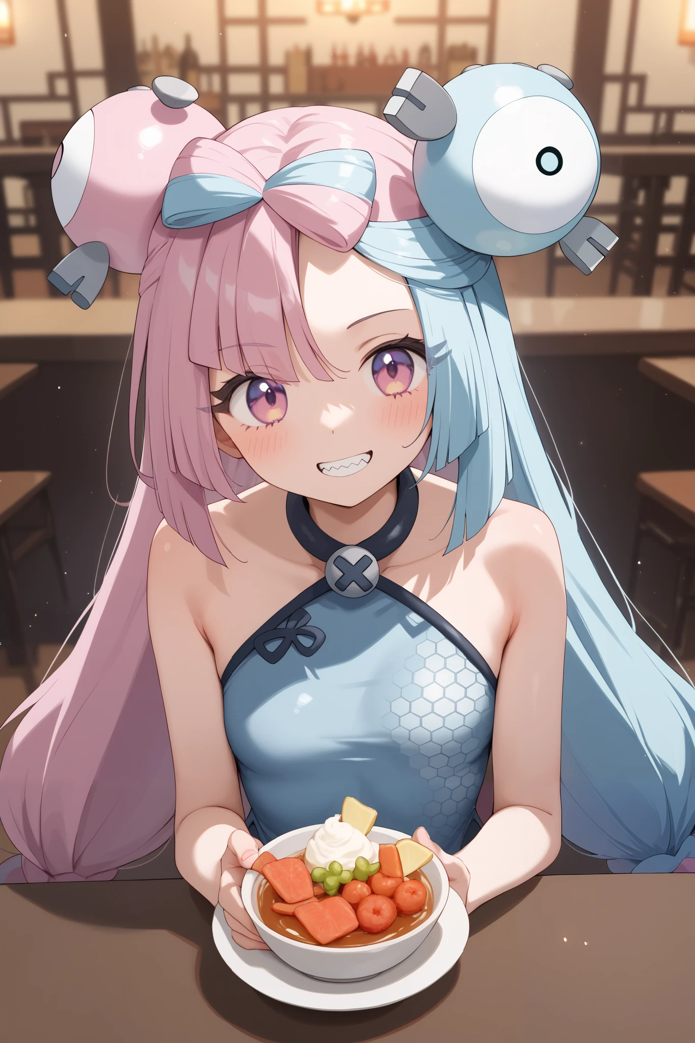 NSFW,masterpiece, top quality , high res, very detailed,Pokemon Iono、 blue hair、Bow-shaped hair、キャラクターの hair ornament、 hair ornament、 long hair、低く結んだ long hair、Multicolored Hair、 pink hair、 keen teeth、 split color hair、 twin tails、 two-tone hair 、 pink eyes, China Dress,restaurant