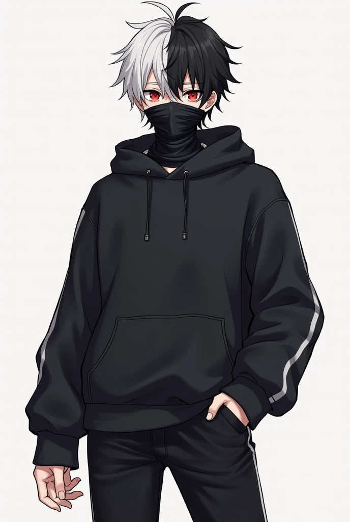 1 guy, hands in jacket pockets, wearing open black jacket with lots of belts. Black pants, wearing black baseball cap and black face mask covering only mouth, short white hair. has two small black blades sheathed on his back. tired expression. Dark skin