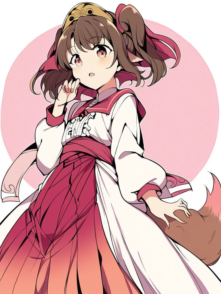  One girl ,  high res,  from your hand and direct your gaze,  smiles,  twin tails,  animal ears ,  headpiece, ribbon,  cowboy shot, Tail、Brown Hair,  girl、Young、younger sister、 big eyes、 Long Skirt 、 Long Sleeve Dress、Reddish Clothes 肩までの髪