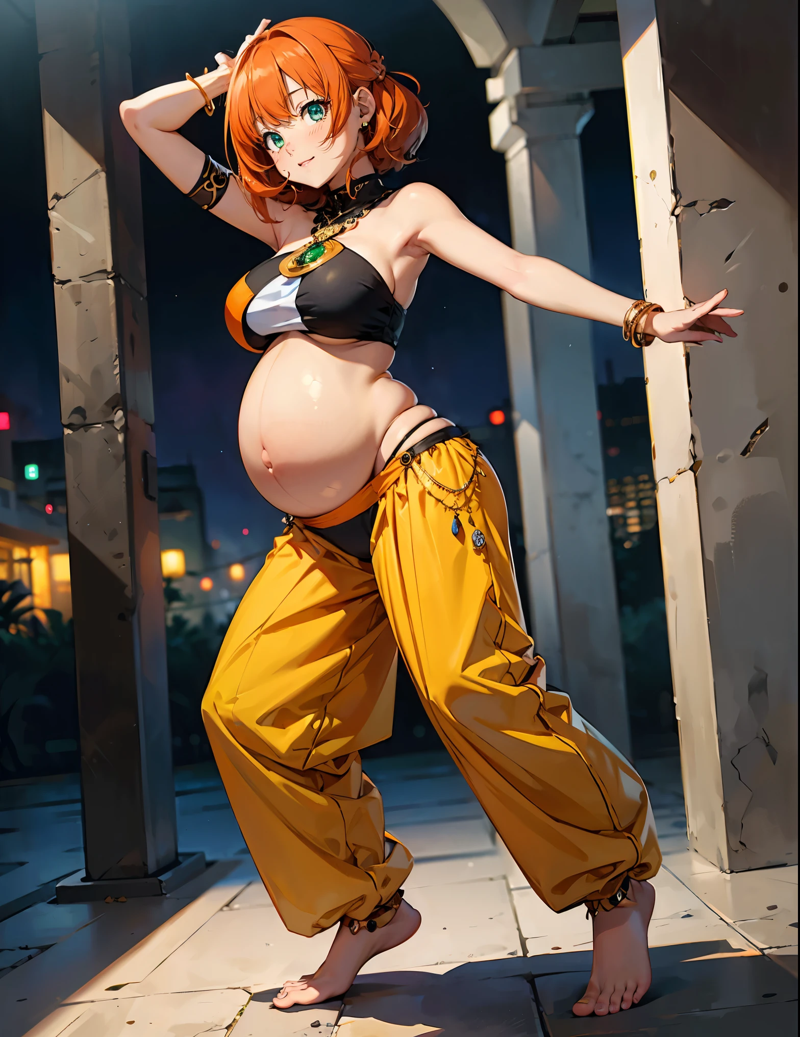 (best quality, ultra-high resolution, depth of field:1.3), (full body shot:1.3), (oppai:1.3), (pregnant:1.3), (wide hips:1.3), beautiful face, (anime girl), radiant eyes, (green eyes:1.3), (orange hair:1.3), (wearing a baggy and high harem belly dance pants:1.3), (bare feet:1.3), (strapless top:1.3), (waist jewelry:1.3), (full of jewelry:1.3), night time, (multiple points of views), (standing:1.3), (dancing pose:1.3)