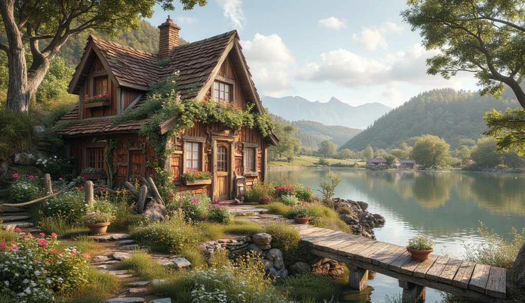 a stunning photograph of a cute house, perched on the side of a hill overlooking a serene lake. c0ttagec0re