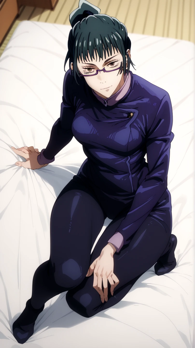   full body pirot  suit　skin tight　 bed　                  invited position 　 sexy　 showing private parts 　               open thighs　 　　　M-shaped legs　                      
   ecstatic expression　
maki zenin glasses
　pov